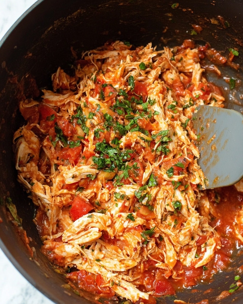 The image shows a close-up of shredded chicken cooked in a red tomato sauce inside a dark pot. The chicken is mixed with small pieces of red tomatoes and is covered with finely chopped green herbs sprinkled mainly in the center. A gray spatula rests on the right side of the pot, partly under the chicken mixture, with some sauce visible around it. The texture of the chicken looks moist and tender, with the sauce adding a glossy finish on the surface. The photo is taken from above on a white marbled background. photo taken with an iphone --ar 4:5 --v 7