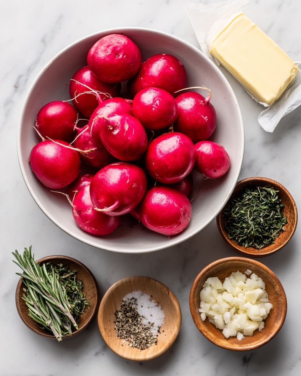 A white bowl filled with bright red radishes, each with a smooth, shiny surface and a few white spots where the tops were cut. Around the bowl are four small wooden bowls: one with finely chopped white garlic, one with dark green chopped fresh rosemary, one with coarse white sea salt, and one with ground black pepper showing a rough texture. Next to these bowls is a pale yellow stick of butter, wrapped slightly in paper. All items are placed on a surface with white marble texture. photo taken with an iphone --ar 4:5 --v 7