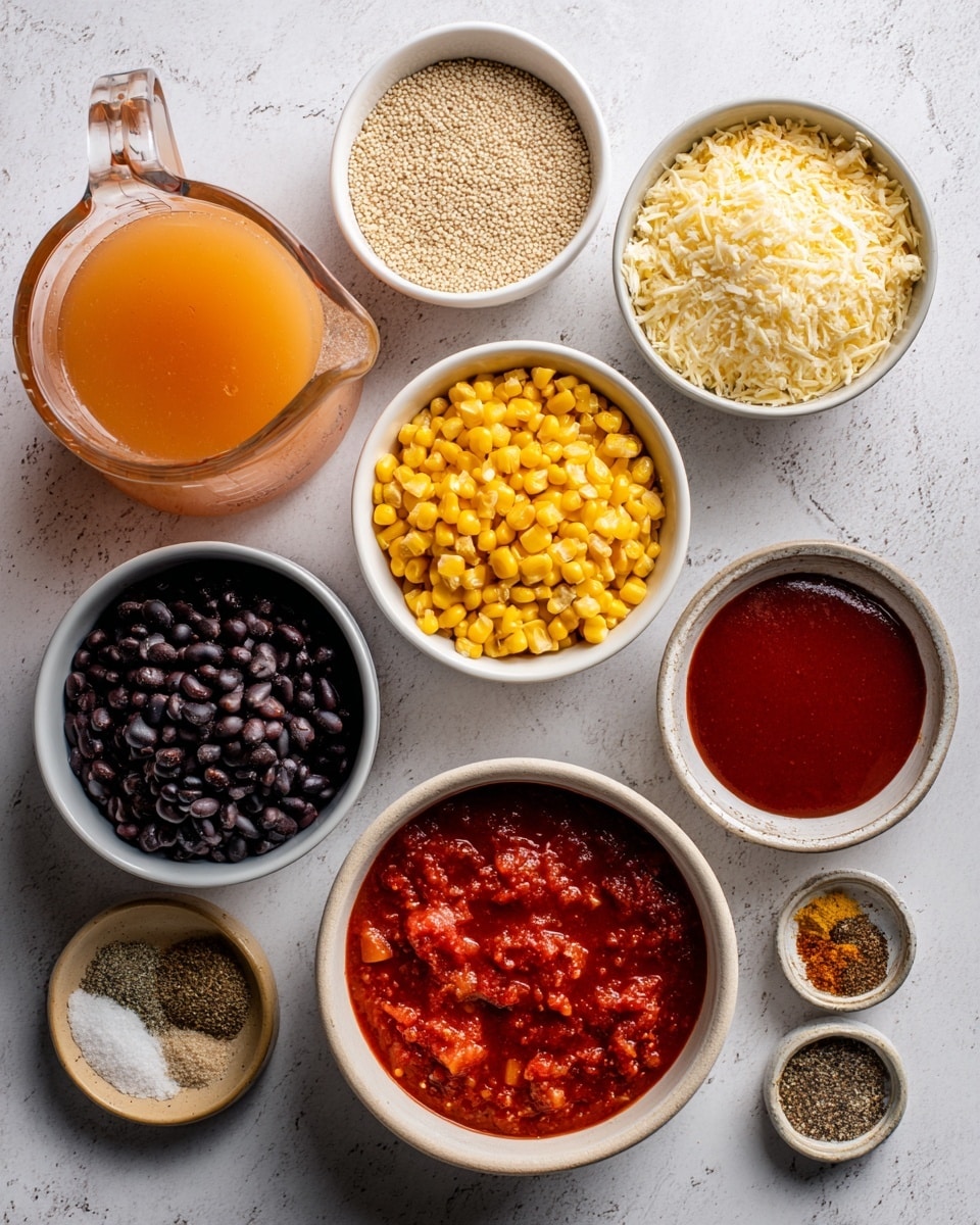 The image shows a white marbled surface with various ingredients in white bowls and one grey bowl arranged neatly. At the top left, there is a clear measuring cup filled with light orange vegetable broth. Next to it are three small white bowls; the first holds raw quinoa with a pale beige color, the second contains a light yellow and white Mexican cheese blend, and the third holds sweet corn in bright yellow kernels. On the left side, a grey bowl is filled with black beans. Below, a white bowl contains chunky fire-roasted tomatoes in a rich red sauce. To the right of it, a small white bowl holds deep red enchilada sauce. A small round tan bowl contains a mix of spices including salt, cumin, chili powder, onion powder, and garlic powder, all arranged in small piles. photo taken with an iphone --ar 4:5 --v 7