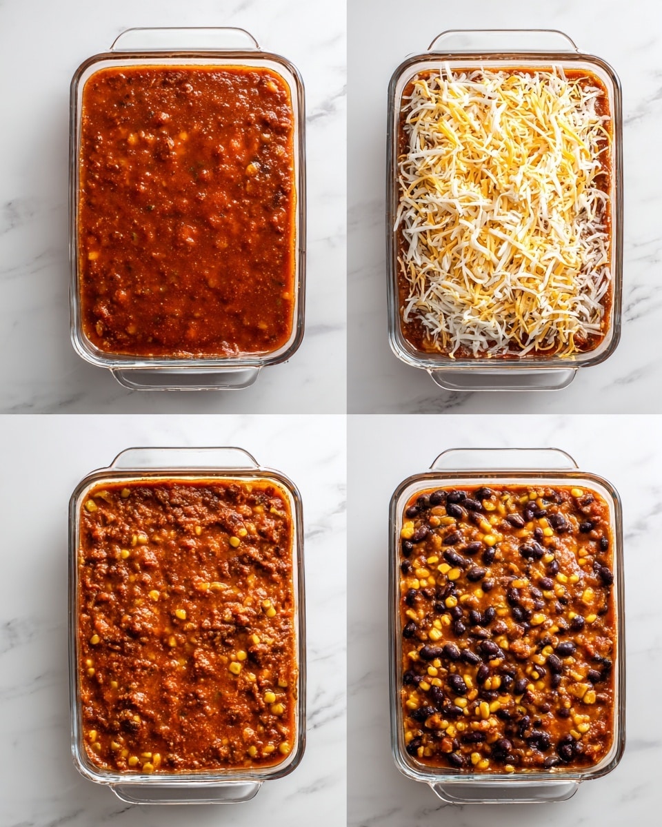 The image shows a four-step process of making a layered baked dish in a clear rectangular glass baking dish on a white marbled surface. In the first step, the dish is filled with a thick, reddish-orange sauce mixed with corn and black beans, covering the whole base. The second step reveals the same sauce layer but appears more evenly distributed with a slight change in texture from stirring or seasoning on top. The third step adds a generous topping of shredded cheese that is white and yellow, spread evenly across the sauce layer, creating a textured look. The final step shows the cheese melted and slightly browned, covering the reddish sauce with black beans and corn still visible underneath, conveying a baked and ready-to-eat dish. Photo taken with an iphone --ar 4:5 --v 7