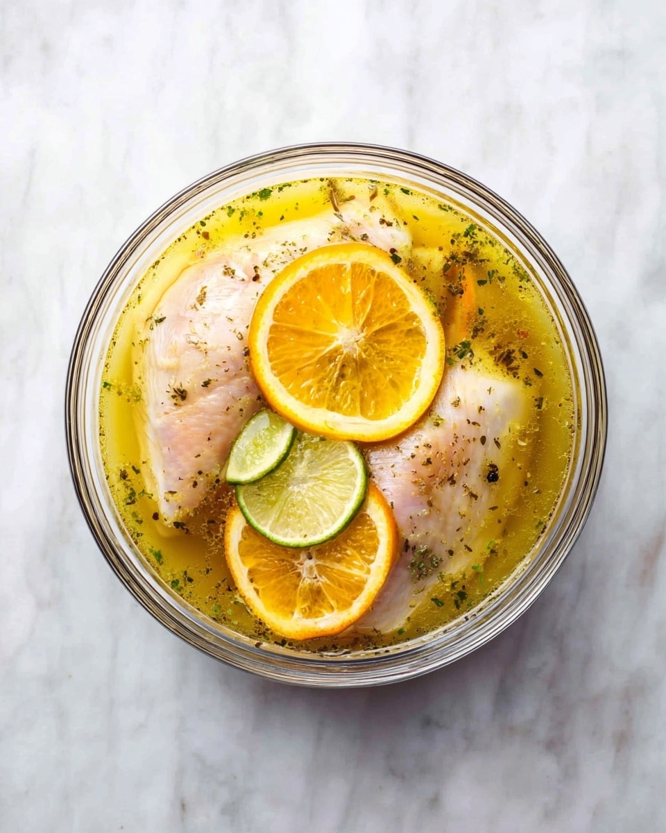 A clear glass bowl holds two large raw chicken pieces submerged in a yellowish marinade with visible small green herb bits and black pepper flecks. On top of the chicken, there are three thin citrus slices - one orange, one lemon, and one lime - arranged with the lime slice partially overlapping the lemon and the orange slice behind them. The bowl sits on a white marbled surface. photo taken with an iphone --ar 4:5 --v 7