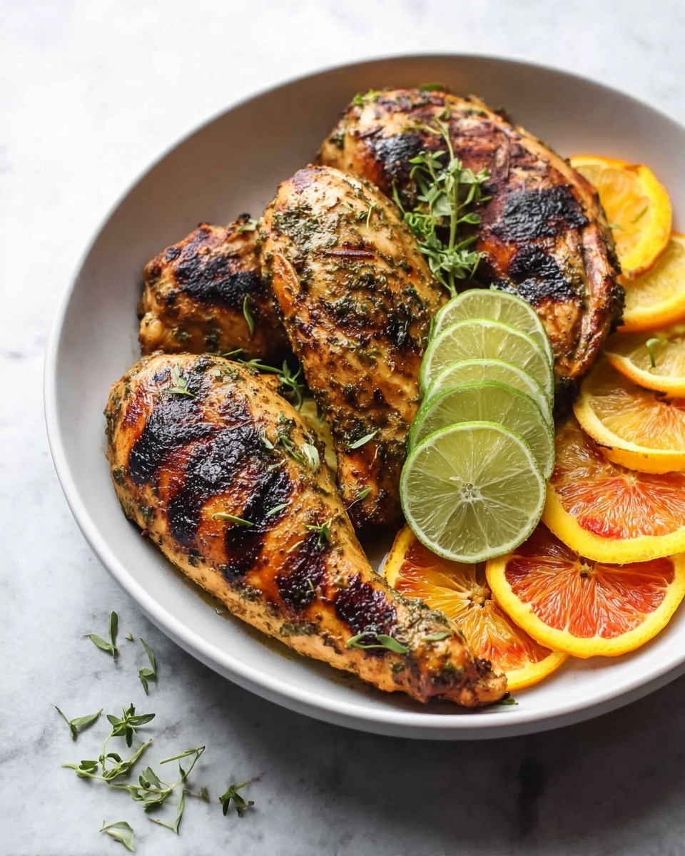 A white bowl holds three grilled chicken pieces with browned, slightly charred skin and a speckled herb coating. Under the chicken, there are thin orange and yellow citrus slices arranged in a layer. On top of the chicken, a small stack of lime, lemon, and orange slices is placed alongside fresh green herb sprigs scattered around. The bowl sits on a white marbled surface. Photo taken with an iphone --ar 4:5 --v 7