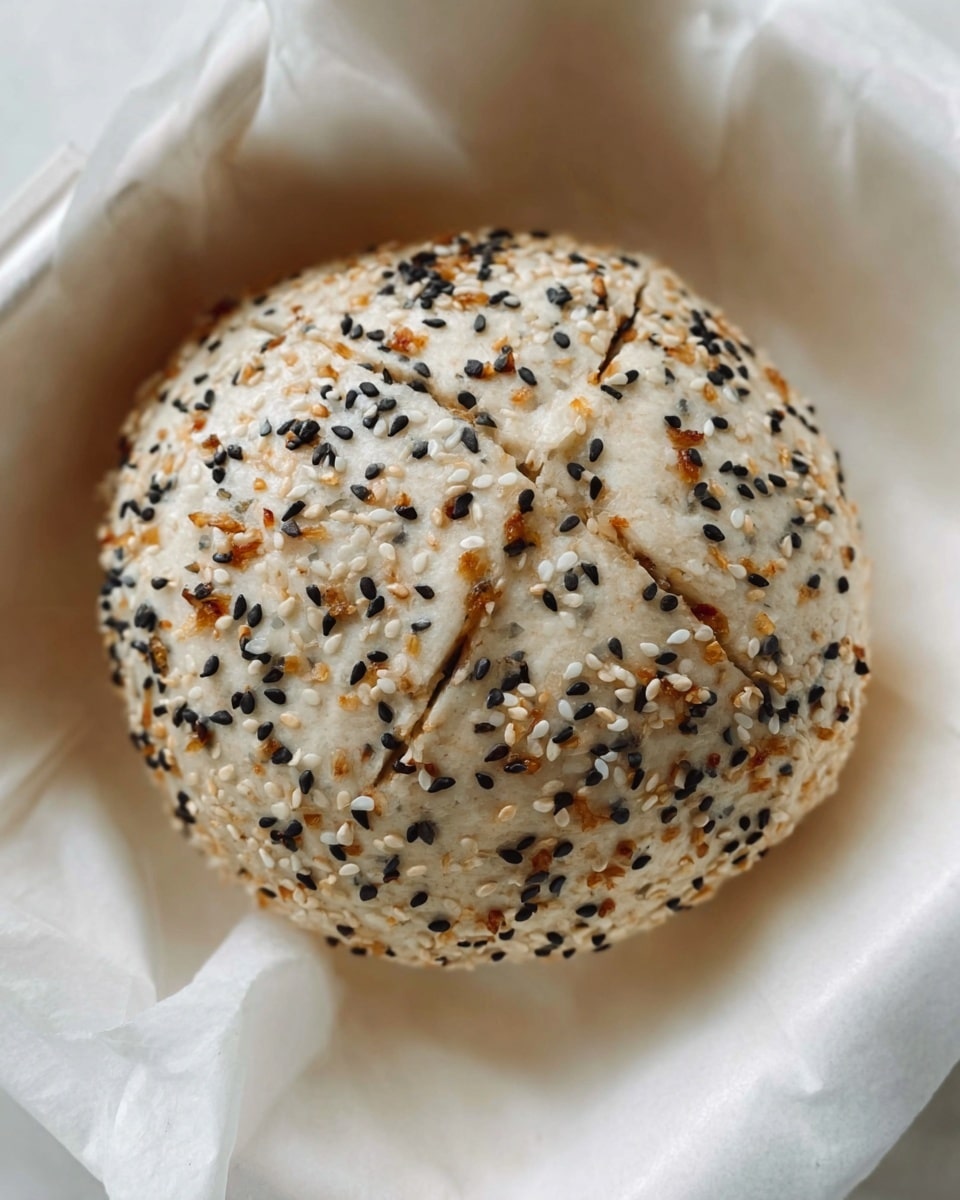 A round dough ball covered evenly with white and black sesame seeds and small bits of dried onion on its smooth surface, resting on white parchment paper inside a white container. The dough has slight lines scored across the top in a crisscross pattern. The scene is clean and bright with soft natural light. Photo taken with an iphone --ar 4:5 --v 7