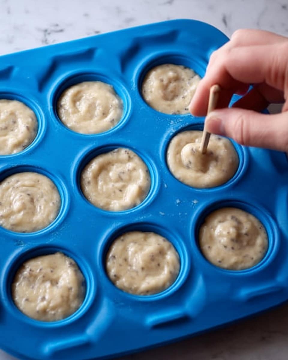 The image shows a blue silicone muffin tray filled with a light beige batter that has small dark specks mixed in. A woman's hand is using a skewer to swirl the batter inside one of the cups, creating a slight pattern on top. The batter fills each cup almost to the top, with a smooth but slightly thick texture. The tray is set against a white marbled surface in the background. photo taken with an iphone --ar 4:5 --v 7