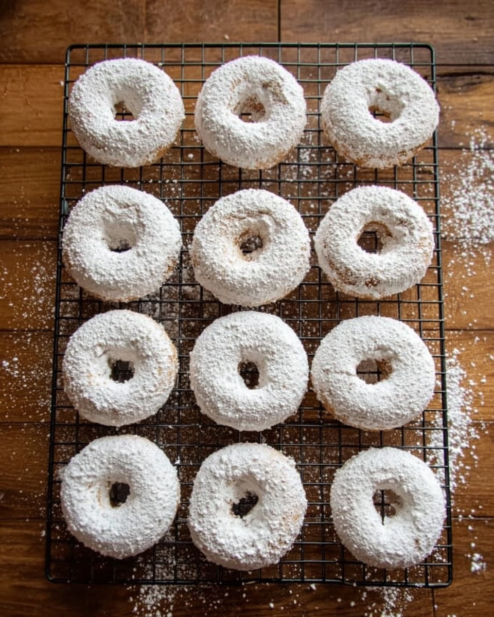 The image shows a cooling rack placed on a wooden surface with twelve round donuts covered in white powdered sugar. Each donut has a hole in the center and is evenly coated with a thick layer of powdered sugar that gives a soft, powdery texture. The dark metal grid of the cooling rack holds the donuts in two rows of six, showing the contrast between the white sugar and the dark rack. A few stray powdered sugar bits are lightly scattered on the wooden surface below. photo taken with an iphone --ar 4:5 --v 7