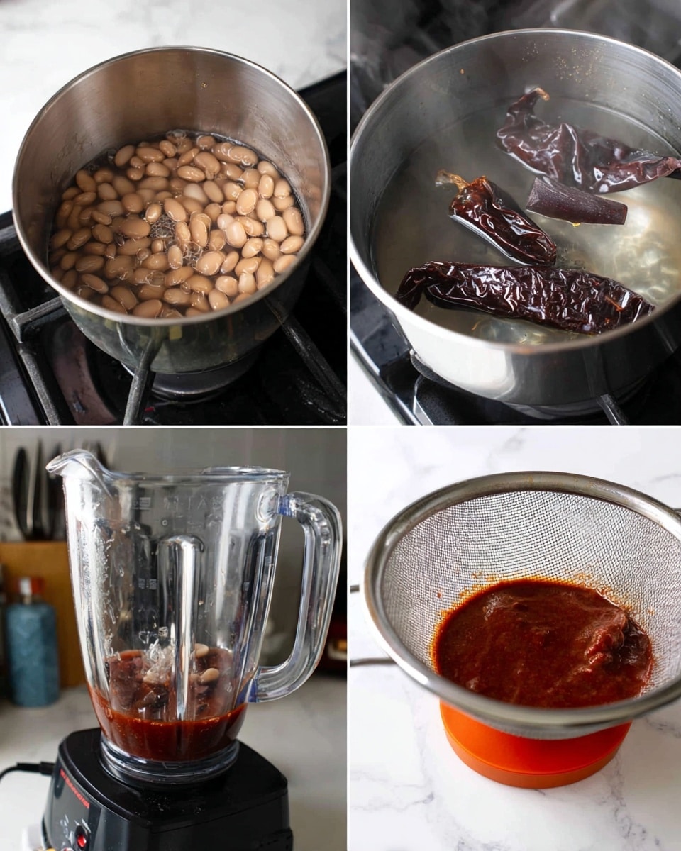 The image shows four steps in making a sauce, arranged in a grid of four photos. The top left photo has a silver pot on a stove with many pale brown beans soaking in clear water. The top right photo shows another silver pot on a stove with three dark, wrinkled dried peppers boiling in water with steam rising. The bottom left photo has a clear blender cup with some of the dark peppers inside, sitting on a black blender base with kitchen items blurred in the background. The bottom right photo shows the red sauce being strained through a fine mesh sieve with an orange rim over a clear bowl, catching the thick sauce. The background is a white marbled countertop. photo taken with an iphone --ar 4:5 --v 7