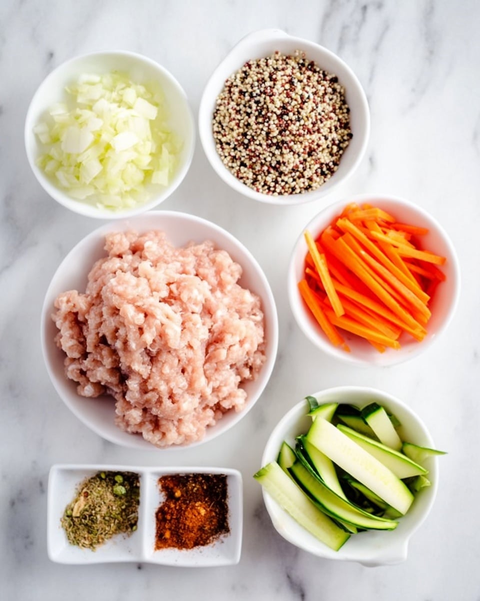 The image shows six small white bowls placed on a white marbled surface. In the center bowl, there is a pile of pale pink ground meat with a soft texture. To the top left, a bowl contains finely chopped onions and minced garlic, both light yellow and white in color. Directly above the meat, a small bowl is filled with a mix of cooked quinoa grains with a mix of beige, black, and red colors. On the top right, there are thin, bright orange carrot sticks in a bowl. At the bottom right, thin slices of green and white vegetable, possibly zucchini, fill the bowl. The final bowl at the bottom left contains three kinds of dry spices with different textures and colors – reddish-brown, light brown, and greenish-brown. Photo taken with an iphone --ar 4:5 --v 7