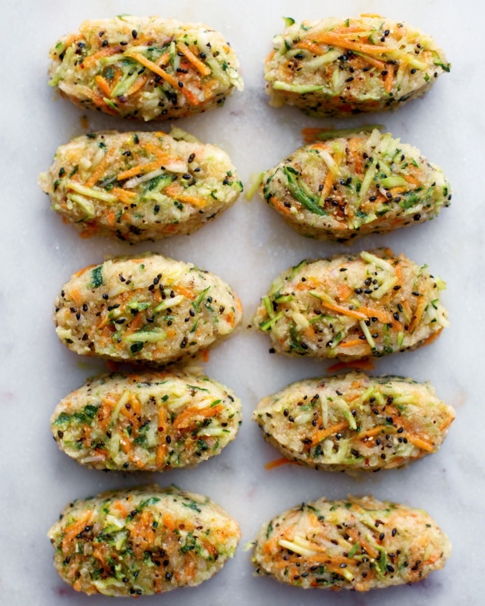 The image shows ten small oval-shaped savory cakes or patties arranged in neat rows on a white marbled surface. Each patty has two distinct layers: the bottom layer is light beige and looks soft with specks of herbs, while the top layer is a mix of finely shredded light green vegetables and thin orange carrot strips, which add texture and color contrast. The edges of the patties are slightly rounded and the surface appears moist but firm with some black sesame seeds sprinkled throughout. The overall look is tidy and fresh, with the colors standing out clearly against the white marbled background. Photo taken with an iphone --ar 4:5 --v 7