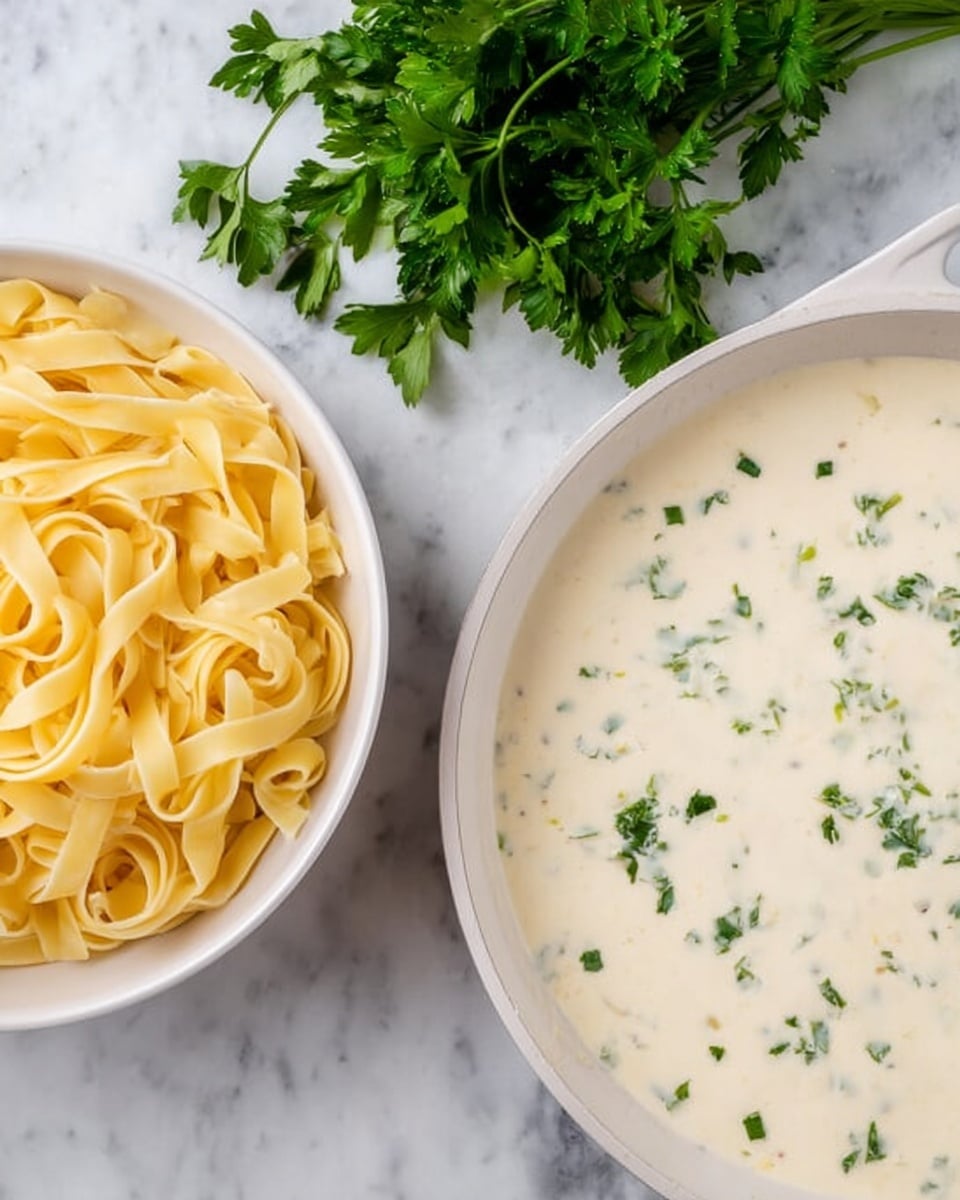 The image shows a white pan with a wooden handle on a white marbled surface, filled with creamy white sauce pasta layered with thick, smooth yellow noodles mixed evenly within the sauce, sprinkled lightly with small pieces of green herbs. Above the pan, there is a white bowl filled with plain yellow noodles, and next to it, some fresh green parsley leaves add a pop of color. A wooden spoon lies on the surface to the right side, and a green cloth is partially visible under the pan photo taken with an iphone --ar 4:5 --v 7