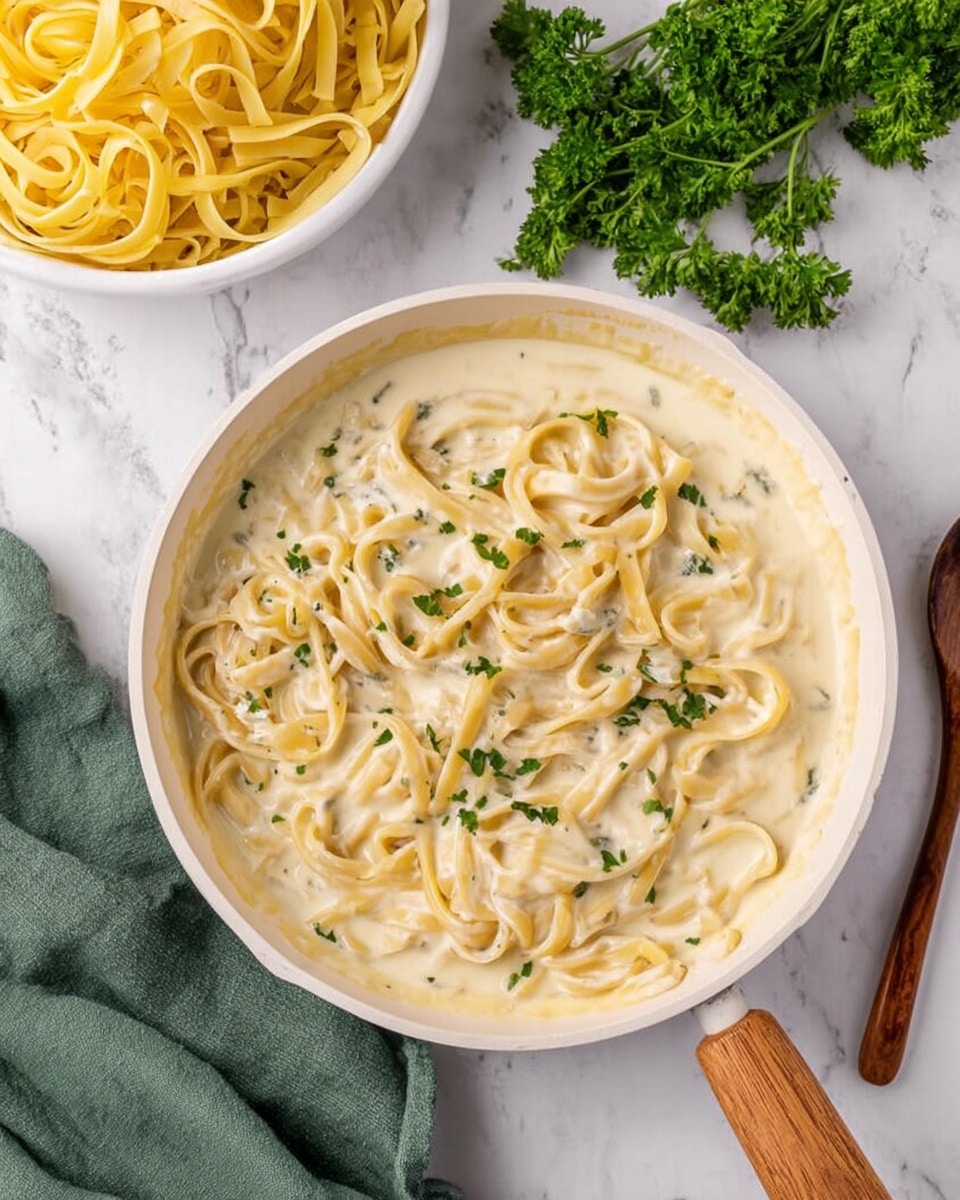 The image shows two white dishes on a white marbled surface. On the left, there is a white bowl filled with pale yellow fettuccine pasta, arranged loosely with visible flat, wide noodles. On the right, there is a white skillet with creamy white sauce dotted with small pieces of green herbs, spread evenly across the surface. Above the skillet, fresh green parsley leaves are spread casually on the marble. The colors focus on creamy white, pale yellow, and vibrant green, creating a simple yet fresh look. photo taken with an iphone --ar 4:5 --v 7
