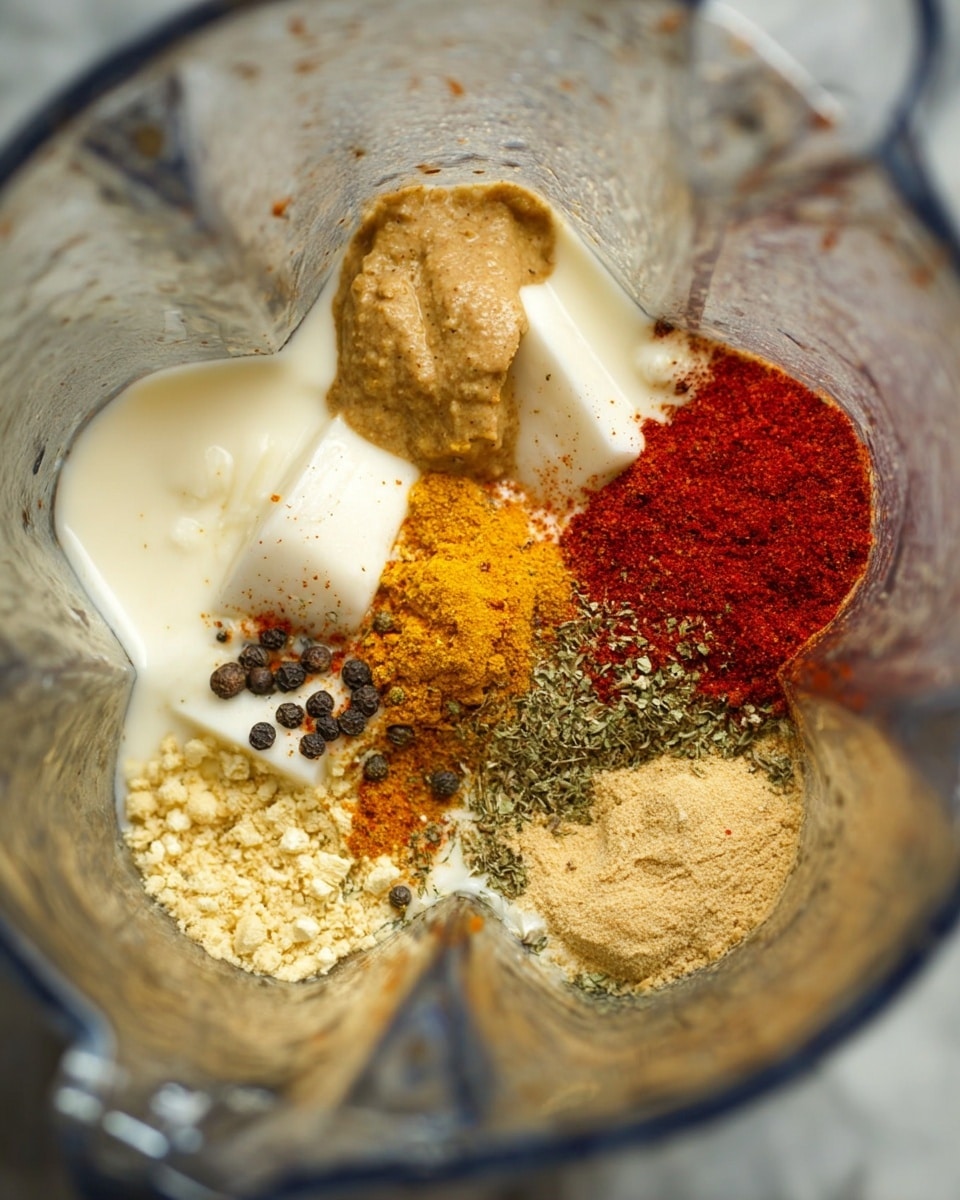 In a close-up view inside a blender, multiple ingredients are placed in separate piles without mixing. The layers show a smooth, wet white liquid surrounding thick white cream blocks at the top and side edges. Below these, there are various powdery spices in shades of light yellow, bright red, and orange, with some brown mustard-like paste and a tan paste on the left side. Black pepper and green dried herbs are sprinkled near the white cream, creating a contrast. The inside of the blender is metal with sharp, clean edges, and the background is a white marbled texture. Photo taken with an iphone --ar 4:5 --v 7