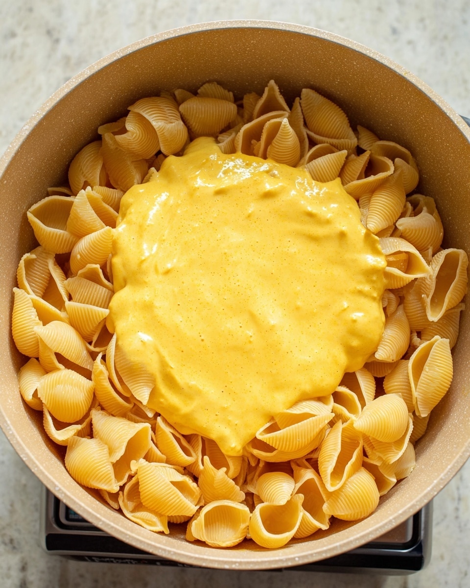 A close-up view of a beige cooking pot with uncooked shell pasta spread out evenly inside. On top of the pasta, in the center, there is a thick layer of bright yellow sauce with a smooth yet slightly bubbly texture. The pot sits on a surface with a white marbled texture, and part of a cooking scale is seen below the pot. The overall scene focuses on the contrast of the yellow sauce against the pale orange pasta shells. photo taken with an iphone --ar 4:5 --v 7