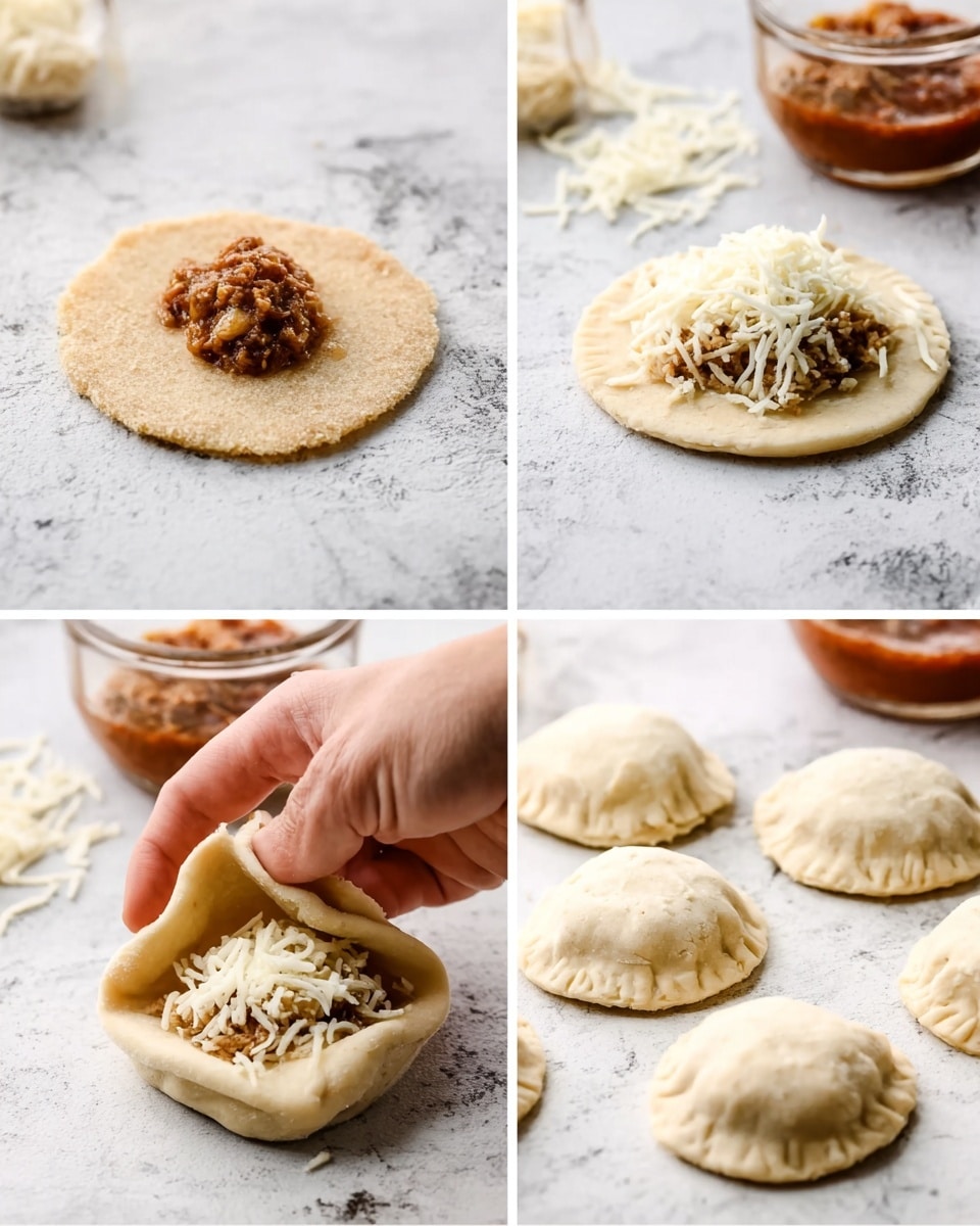 The image shows a four-step process of making filled dough pockets on a white marbled surface. The first step has a round, rough-textured beige dough flat circle with a small heap of brown filling in the center. The second step adds a layer of white shredded ingredient on top of the brown filling, creating a two-layer filling inside the dough circle. The third step captures a woman's hand folding the dough upwards, enclosing the filling partially with the edges pinched but still open on top, showing the filling inside. The last step shows multiple sealed round dough pockets, light beige in color with a smooth surface, placed on the white marbled background next to a glass container with reddish sauce. Photo taken with an iphone --ar 4:5 --v 7