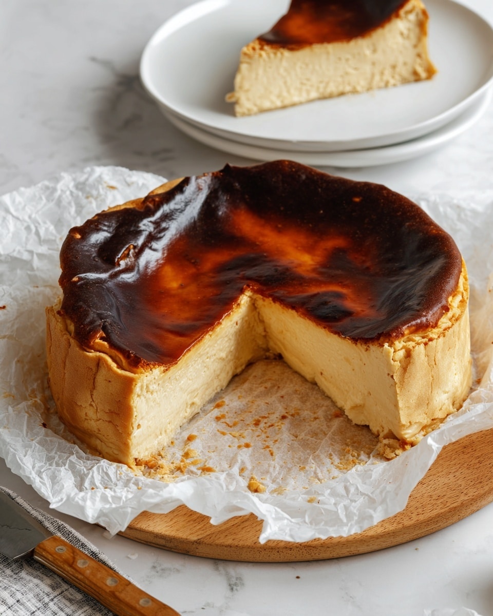 The image shows a round Basque cheesecake with a thick, lightly cracked, and deeply browned top layer that looks almost burnt, sitting on crumpled white parchment paper on a wooden board. The cheesecake has two main layers: a darker caramelized top layer with a smooth but uneven surface, and a creamy, pale yellow inner layer with a dense, smooth texture. One slice is cut out and placed on a small white plate in the background, showing the clean edge of the cheesecake and the texture inside. A wooden-handled utensil lies next to the cheesecake on the white marbled surface. Photo taken with an iphone --ar 4:5 --v 7