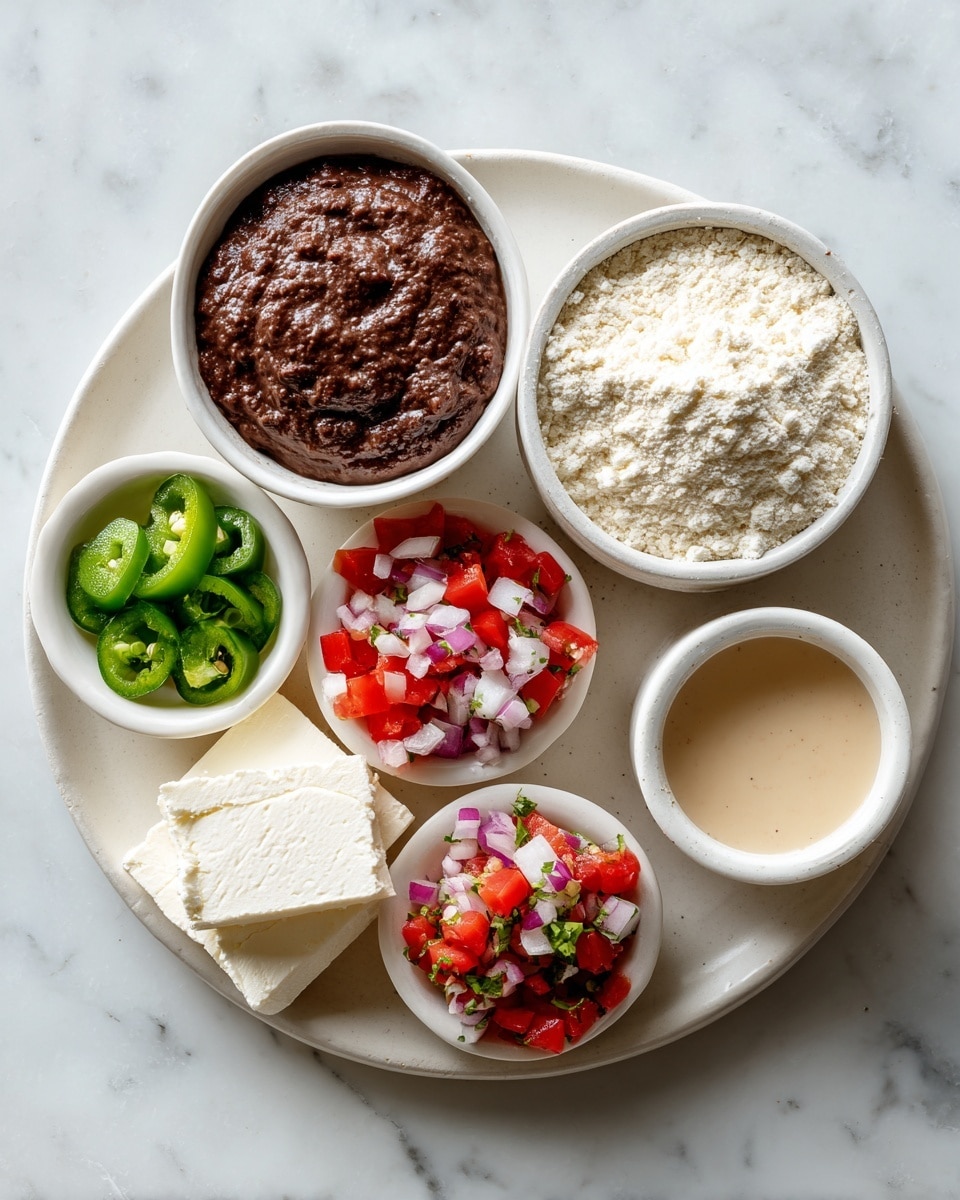 A white plate with several small white bowls and ingredients arranged on it, all set on a white marbled surface. One bowl at the top contains dark brown refried beans with a smooth, slightly chunky texture. Next to it, there is a small pile of off-white masa harina flour with a powdery look. Below that, a bowl holds a chunky mix of diced red tomatoes, white onions, and green herbs labeled salsa fresca. On the left side, there are glossy green pickled jalapeño slices stacked neatly, along with a small block of white queso fresco cheese. To the right of the masa harina, a small cup filled with creamy, light beige Mexican crema is placed. The items create a balanced and colorful arrangement on the plate. Photo taken with an iphone --ar 4:5 --v 7