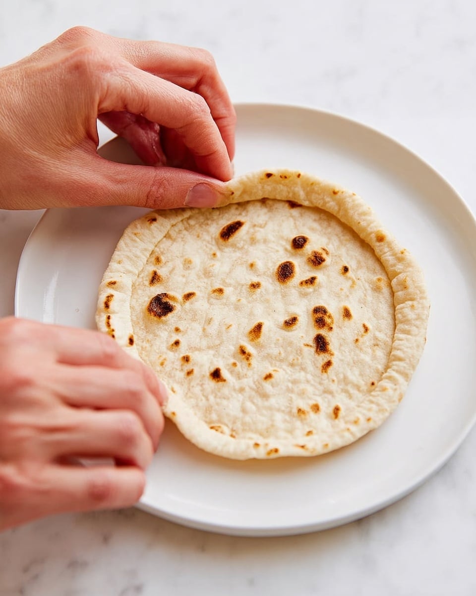 A close-up image showing woman's hand shaping a small, round flatbread on a white plate. The flatbread has a soft, light beige color with a slightly uneven texture and small dark brown char marks scattered on its surface. The edges are being pinched gently by the fingers to form a raised rim around the flatbread. The background is a white marbled texture. photo taken with an iphone --ar 4:5 --v 7