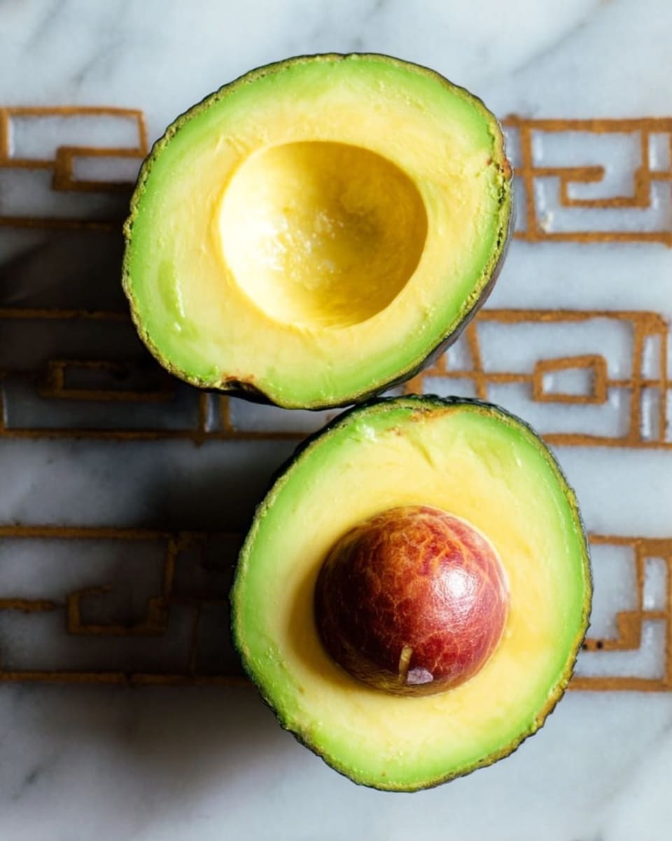 Two halves of a fresh avocado lie side by side on a white marbled surface. The left half shows smooth, creamy, light green flesh with a hollow center where the seed was removed. The right half displays the intact smooth, brown seed, surrounded by bright yellow-green smooth flesh and a dark green outer skin with a bumpy texture. photo taken with an iphone --ar 4:5 --v 7