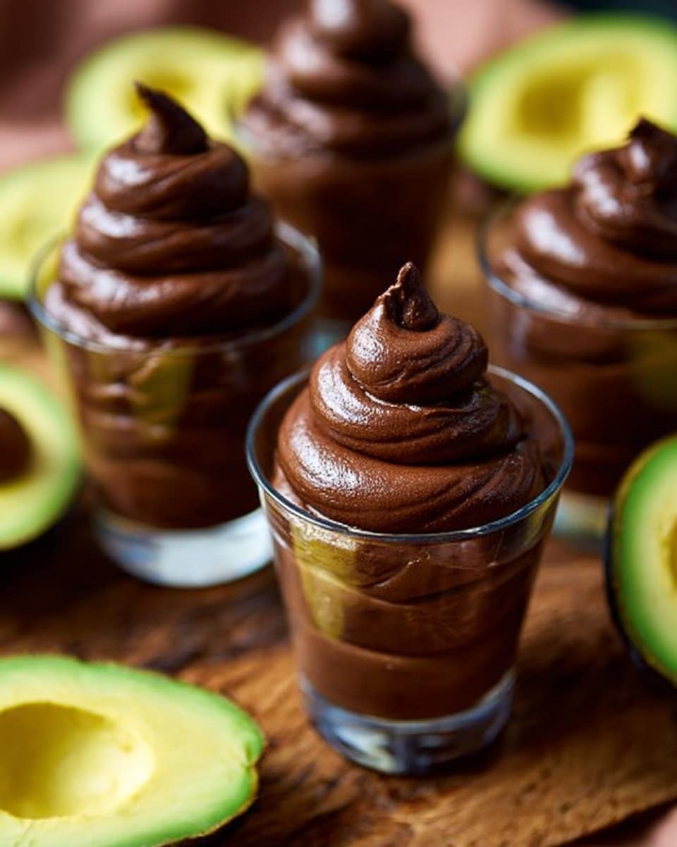 The image shows three clear, small glasses filled with creamy, smooth dark brown chocolate mousse swirled in layers, each top forming a soft, thick peak with a shiny texture. The glasses are set on a wooden surface next to halves of bright green avocados with visible pits and smooth skin edges. The background is softly blurred, making the rich chocolate mousse stand out clearly. photo taken with an iphone --ar 4:5 --v 7