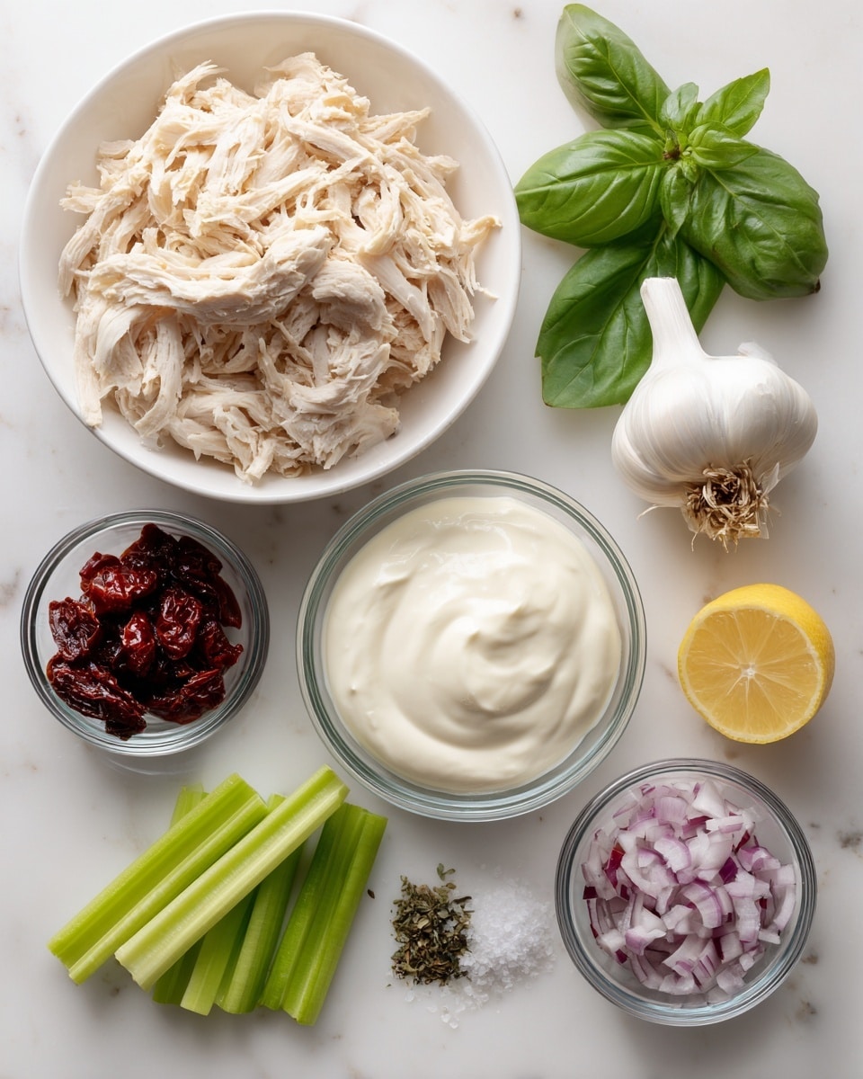 A top view of small clear bowls and loose ingredients laid out on a white marbled surface, each labeled. The largest item is a white bowl filled with light beige shredded chicken, spreading a soft texture. Below it, a small clear bowl holds thick white plain Greek yogurt. To the right, another small clear bowl contains smooth, creamy white mayonnaise. Next to it, a small clear bowl holds dark red sun-dried tomatoes with a wrinkled look. Below, finely chopped purple onion fills another clear bowl. Scattered around are fresh green celery sticks, a bright yellow lemon, a clove of white garlic, fresh dark green basil leaves, and small piles of coarse white salt and ground black pepper. The layout is clean and organized, highlighting each layer and ingredient separately. Photo taken with an iphone --ar 4:5 --v 7