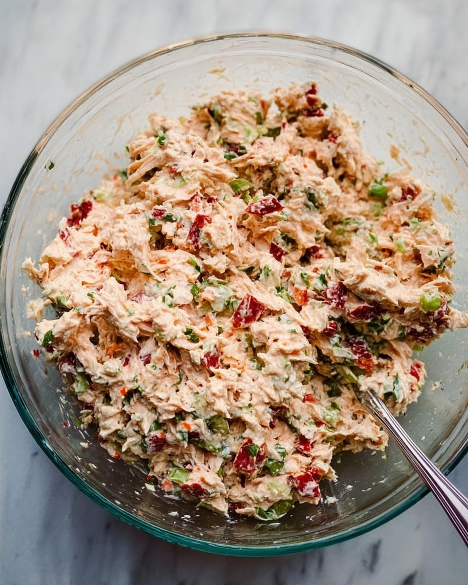 This image shows a clear glass bowl filled with a mixed salad that includes creamy light pinkish pieces combined with small bits of red, green, and white ingredients. The salad has a textured look with visible chunks of what seems like shredded ingredients mixed evenly with small leafy green pieces. There is a silver spoon placed inside the bowl on the right side, partially buried in the mixture. The bowl sits on a white marbled surface with soft natural lighting, highlighting the various colors and textures of the salad, giving it a fresh and tasty appearance. photo taken with an iphone --ar 4:5 --v 7