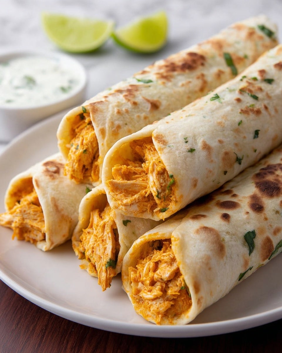 Three rolled tortillas are filled with orange, shredded chicken mixed with green herbs, showing a soft but slightly textured filling inside. The tortillas are pale with some brown toasty spots and are placed close to each other on a white plate. In the background, there are two lime halves and a small white bowl of white sauce, all set on a white marbled surface. photo taken with an iphone --ar 4:5 --v 7