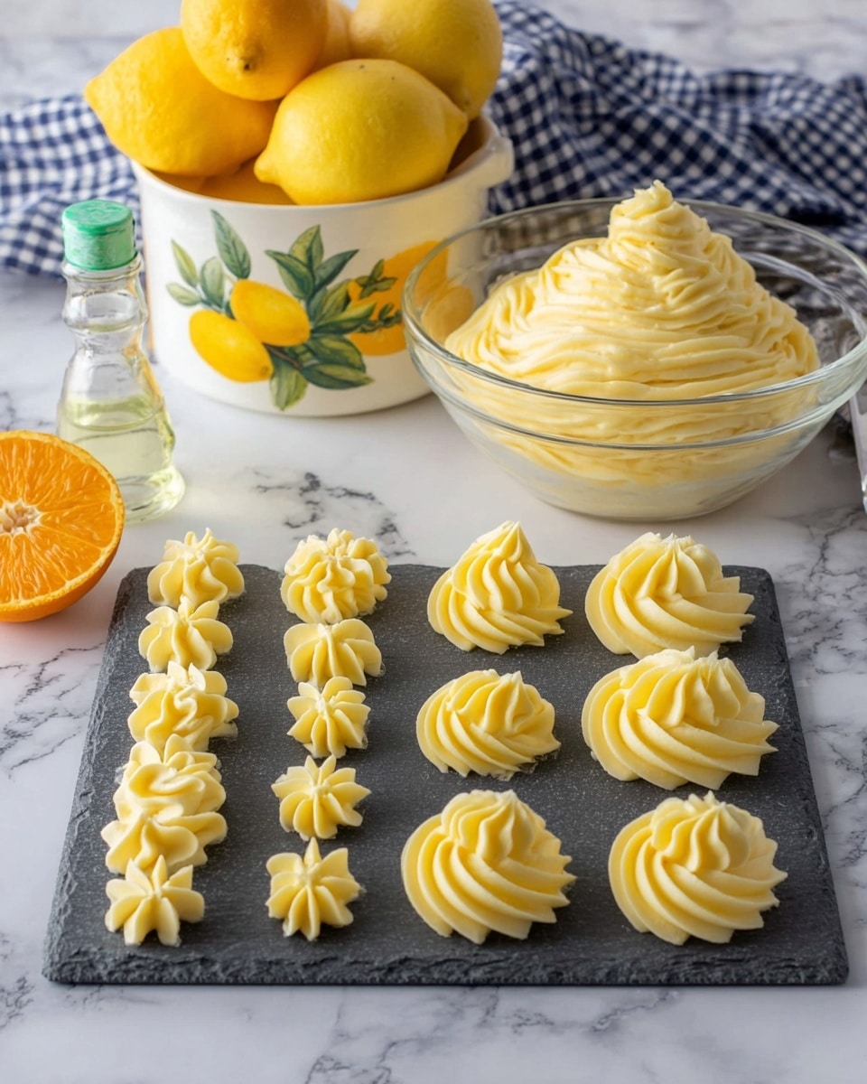 The image shows a variety of yellow buttercream shapes on a dark slate board, with three rows of different patterns: the top row has a long twisted swirl, the middle row has small star and flower-shaped dollops, and the bottom row features three round rosettes. Behind the slate board, there is a clear glass bowl full of soft yellow buttercream with a swirled texture on top. To the left, there is a white ceramic pot decorated with painted yellow lemons, filled with fresh yellow lemons, and a small bottle of clear liquid with a green cap. Part of a halved orange is visible on the white marbled surface near the bottom left corner. The background is a white marbled texture and a navy and white checkered cloth is partially visible behind the bowl of buttercream. Photo taken with an iphone --ar 4:5 --v 7