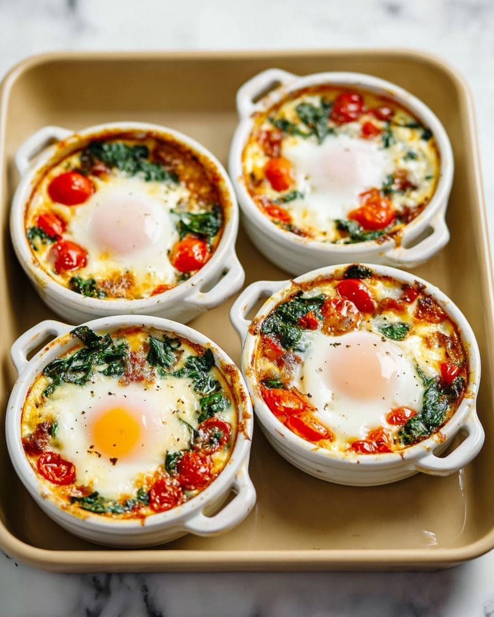 Four white round ramekins with small handles are placed inside a beige baking tray on a white marbled surface. Each ramekin has a baked egg on top with a clear white layer and a soft light pink yolk in the center. The eggs sit on a colorful mix of cooked chopped spinach leaves, bright red cherry tomatoes, and small pieces of light brown cooked vegetables or meat. The dish’s edges show slight browning and bubbling from baking. The texture inside looks creamy with specks of green and red, and the dish appears warm and inviting. Photo taken with an iphone --ar 4:5 --v 7