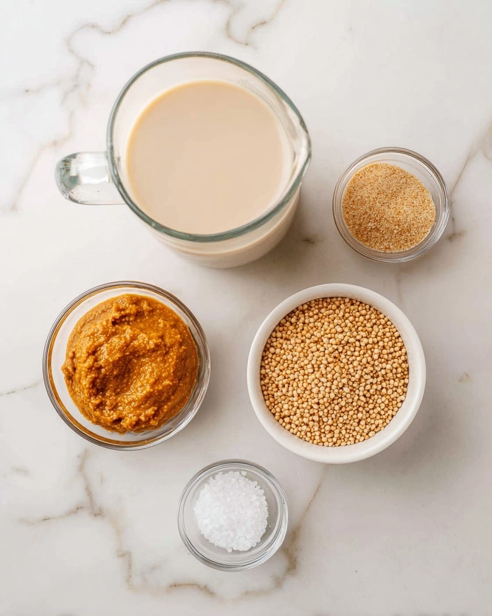 The image shows five clear glass containers on a white marbled surface. At the top left, there is a large glass pitcher filled with a creamy beige liquid. To the right of the pitcher, a small bowl contains light brown granulated sugar. Below that, a medium bowl is filled with small tan-colored grains or seeds. To the left of this bowl, a medium bowl holds a thick, orange-brown paste with a slightly textured surface. At the bottom center, a tiny bowl contains coarse white salt. All containers are clean and arranged neatly with space between them. Photo taken with an iphone --ar 4:5 --v 7