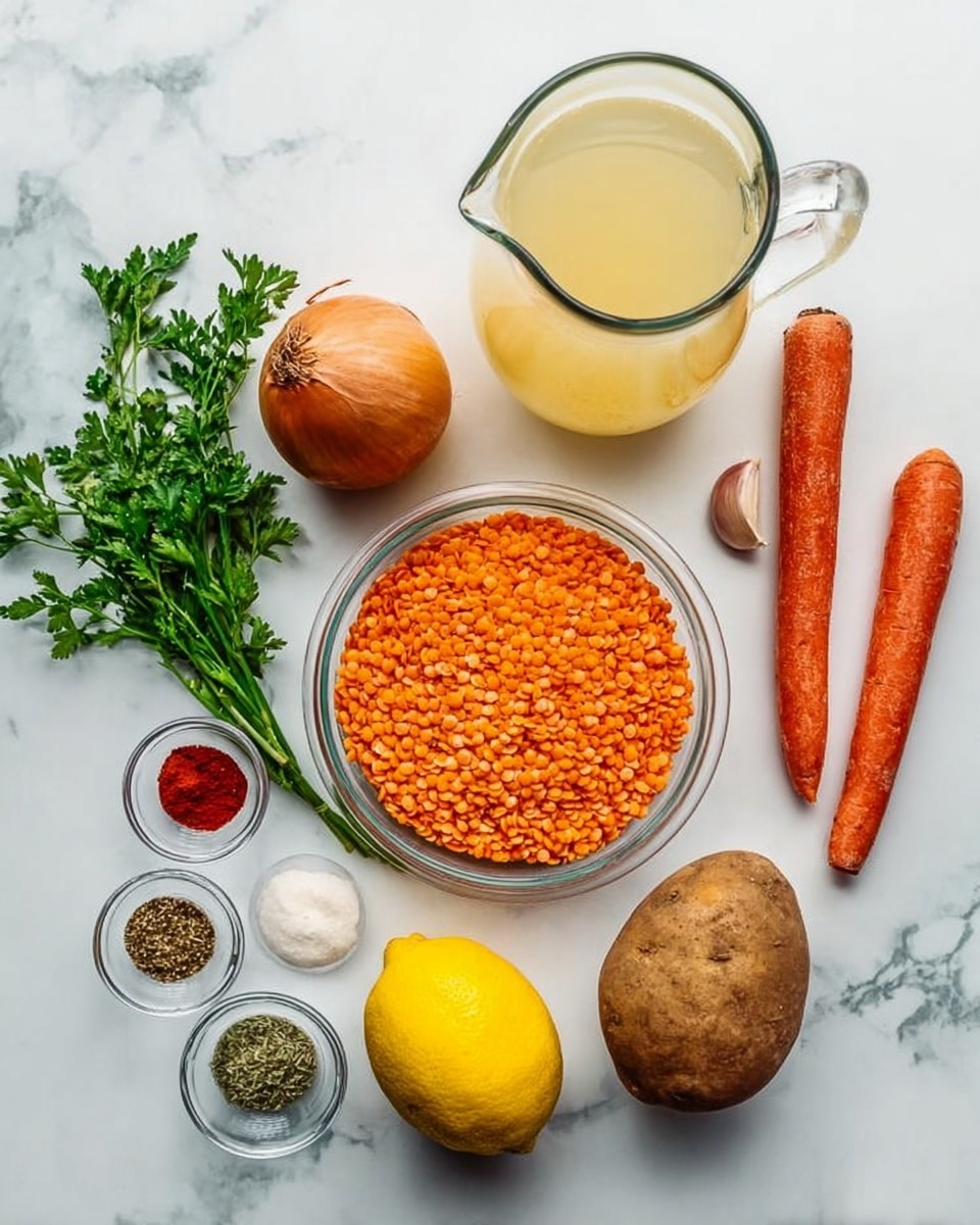 The image shows an arrangement of cooking ingredients on a white marbled surface. In the center is a medium-sized glass bowl filled with bright orange lentils. To the right of the bowl are three long, thin orange carrots. Above the lentils is a tall, clear glass pitcher filled with light yellow broth. To the left of the lentils is a whole brown onion, and next to it is a bunch of fresh green parsley. Below the onion is a whole yellow lemon. Near the bottom right is a single brown potato. Around these main items are smaller glass bowls with spices: one with green herbs, another with a mix of spices including red, white, and brown powders, and one small bowl containing red paste. Two cloves of garlic lie near the potato. The composition is neat and colorful with a clean white marbled background, photo taken with an iphone --ar 4:5 --v 7