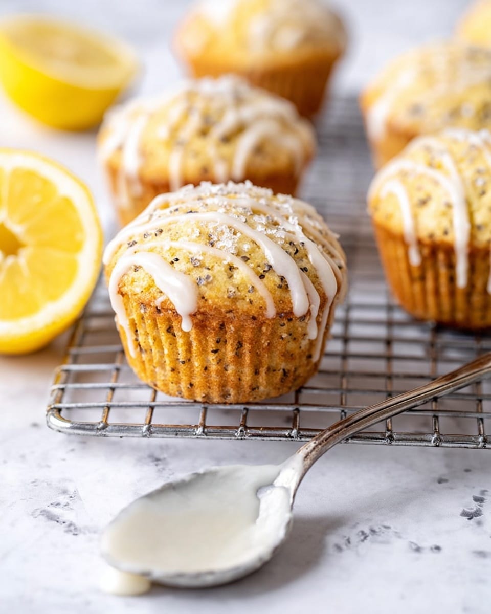 The image shows several light golden muffins with small dark specks, placed on a wire cooling rack. Each muffin has a drizzle of white icing on top, with a slightly rough texture from sugar sprinkled over. On the left side of the rack, there is a half lemon cut showing its yellow inside. At the bottom, a silver spoon with white icing rests on a white marbled surface, and the background is blurred to keep focus on the muffins. The overall look is bright and fresh, with natural lighting. photo taken with an iphone --ar 4:5 --v 7