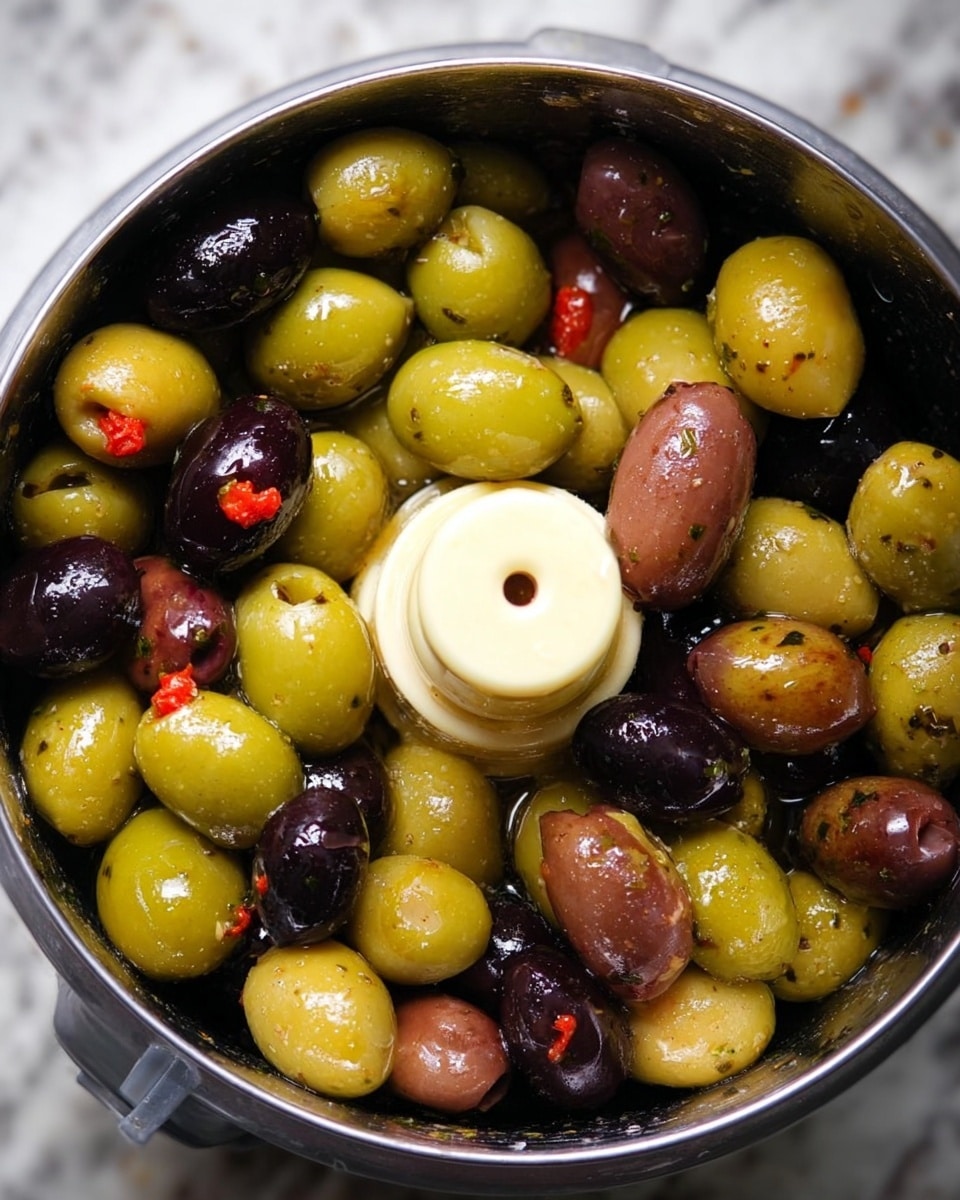 The image shows a close-up view of a metal bowl filled with a mix of different olives. There are green olives, some stuffed with red pimentos, black olives, and a few brownish-purple ones scattered around. The olives are shiny and smooth with a wet texture, reflecting the light inside the bowl. The bowl is metal with a white plastic part in the center, likely a food processor blade holder. The background is a white marbled texture. photo taken with an iphone --ar 4:5 --v 7