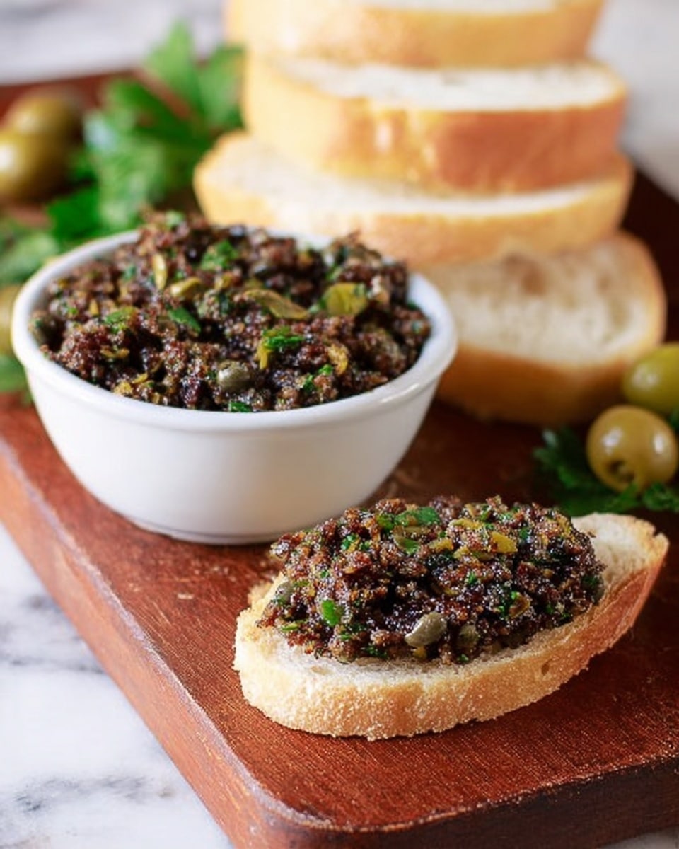 The image shows several slices of white bread stacked in the background on a wooden board placed on a white marbled surface. In the foreground, one slice is topped with a chunky, dark olive tapenade mixed with green herbs, with visible pieces of capers and herbs giving it a textured look. Next to the slice is a white bowl filled with the same olive tapenade, garnished with some green herbs and capers on top. A few green olives and parsley sprigs add color in the background. photo taken with an iphone --ar 4:5 --v 7