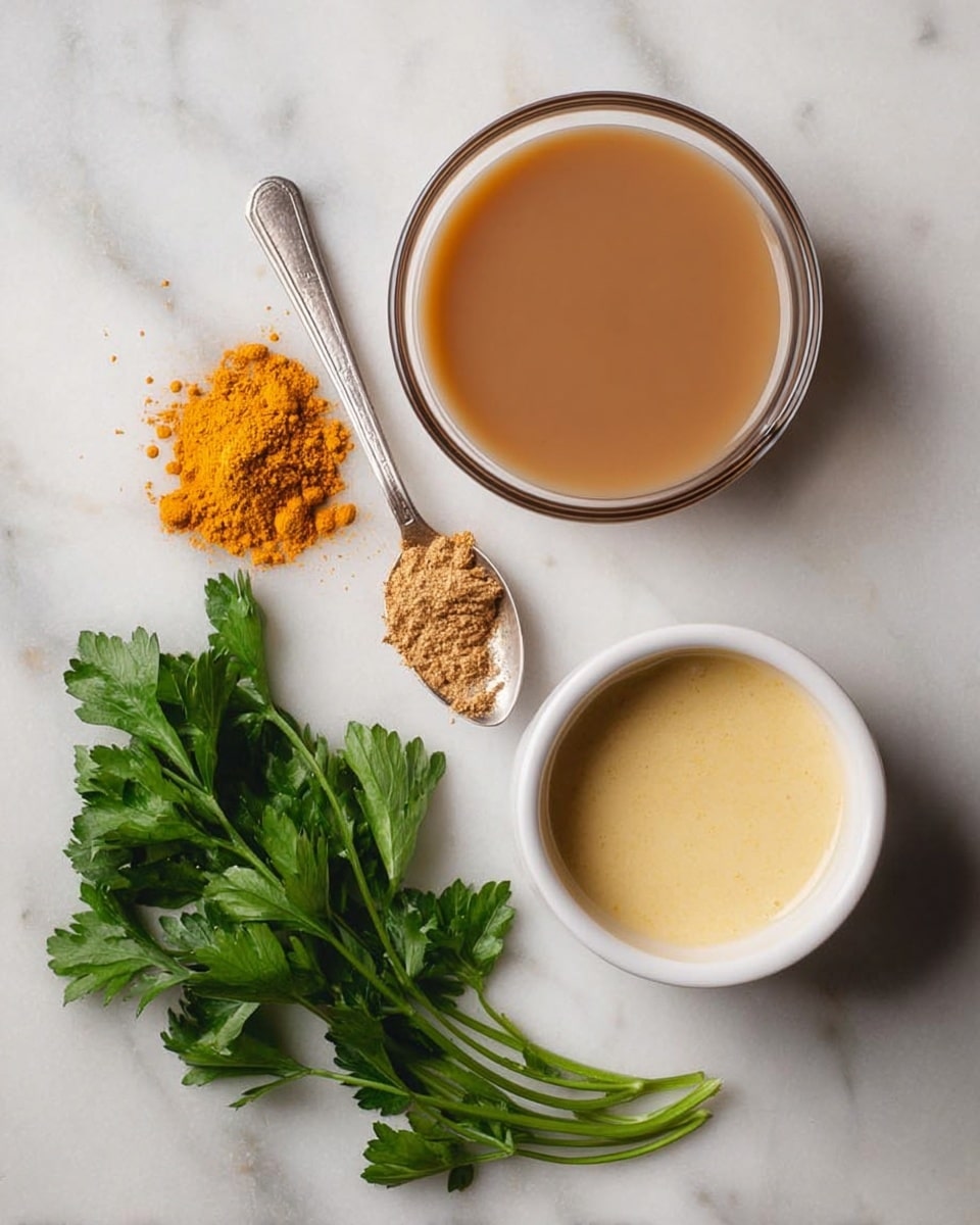 A flat lay image showing five items arranged on a white marbled surface. At the top right, there is a clear round bowl filled with light brown liquid. Below it, slightly to the right, is a small white bowl containing a creamy pale yellow sauce. To the left of this bowl, there is a small pile of bright yellow-orange powder. Above the powder, a silver spoon rests on the surface with light brown powder in it. At the bottom left corner, a small bunch of fresh green parsley leaves lies flat with the stems pointing down. Photo taken with an iphone --ar 4:5 --v 7