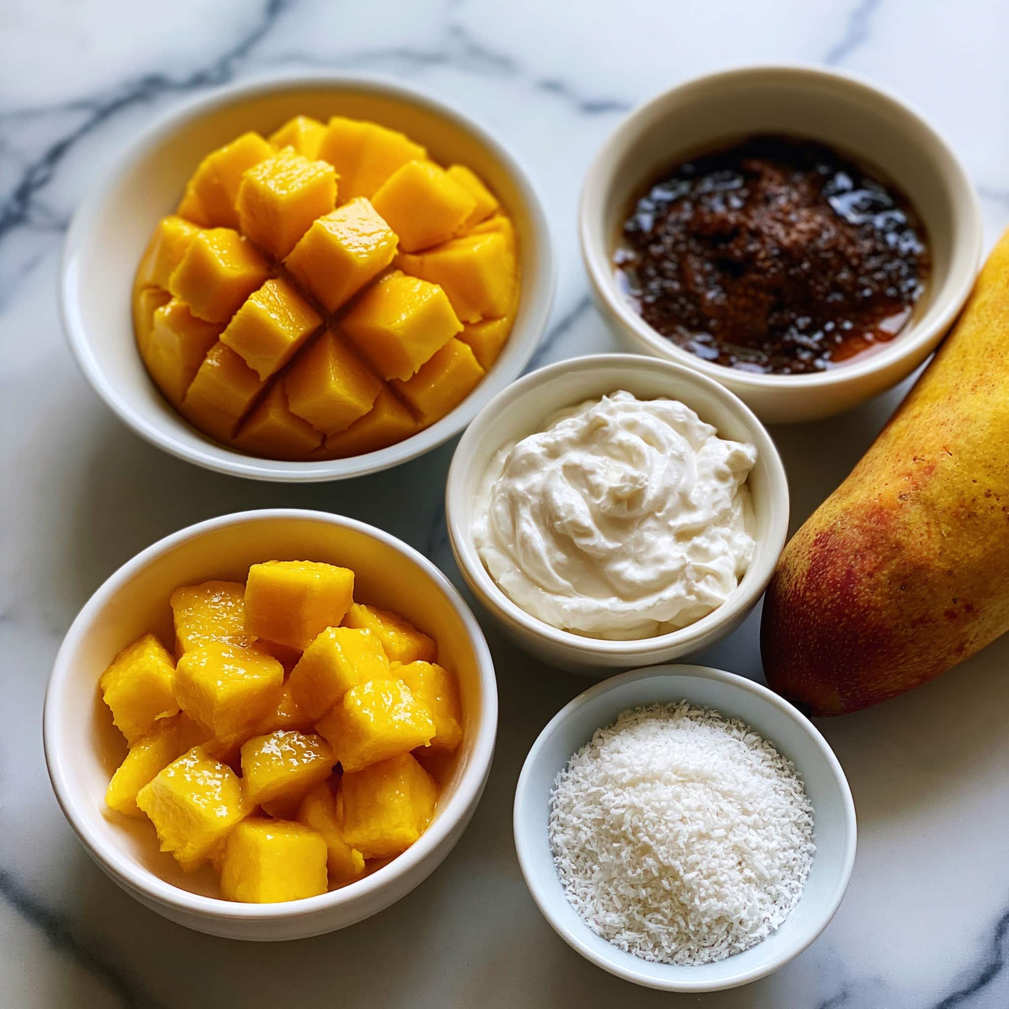 A close-up view of two white glass bowls filled with smooth, creamy yellow mango pudding. Each bowl has small cubes of bright orange mango pieces on top as garnish. One bowl is in the front, showing a spoon scooping a spoonful of the silky pudding with a yellow tone and soft texture. The bowls are placed on a white cloth with thin blue stripes, resting on a white marbled surface. In the background, the second bowl is slightly blurred but also topped with mango cubes. The lighting is soft, highlighting the creamy texture and fresh mango pieces. Photo taken with an iphone --ar 4:5 --v 7