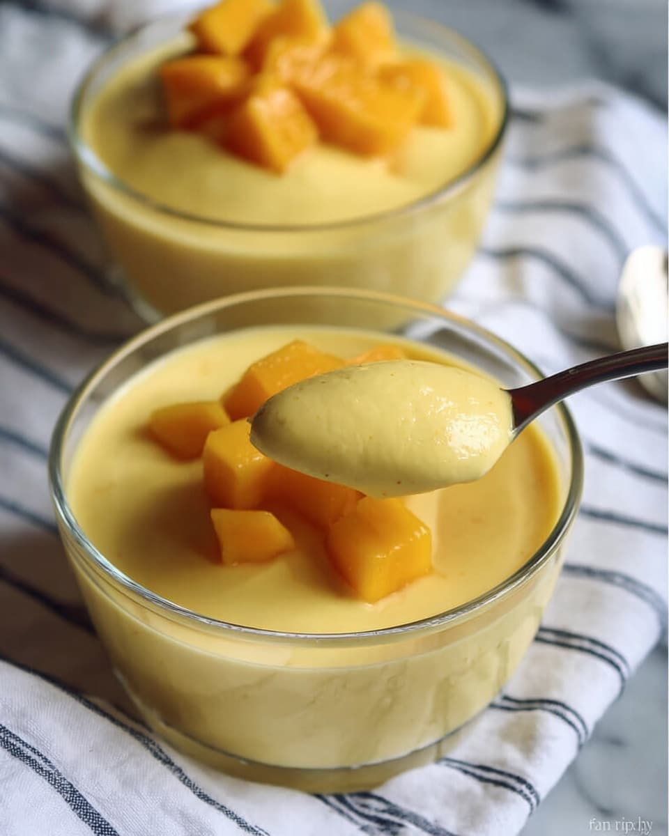 A clear glass bowl filled with smooth, creamy yellow mango pudding as the base layer. On top, there are three small bright orange mango cubes placed near the center, with a fresh green mint leaf garnish sitting on the mango cubes. The bowl rests on a dark wooden surface with two whole yellow mangoes and a green leaf visible in the background. photo taken with an iphone --ar 4:5 --v 7