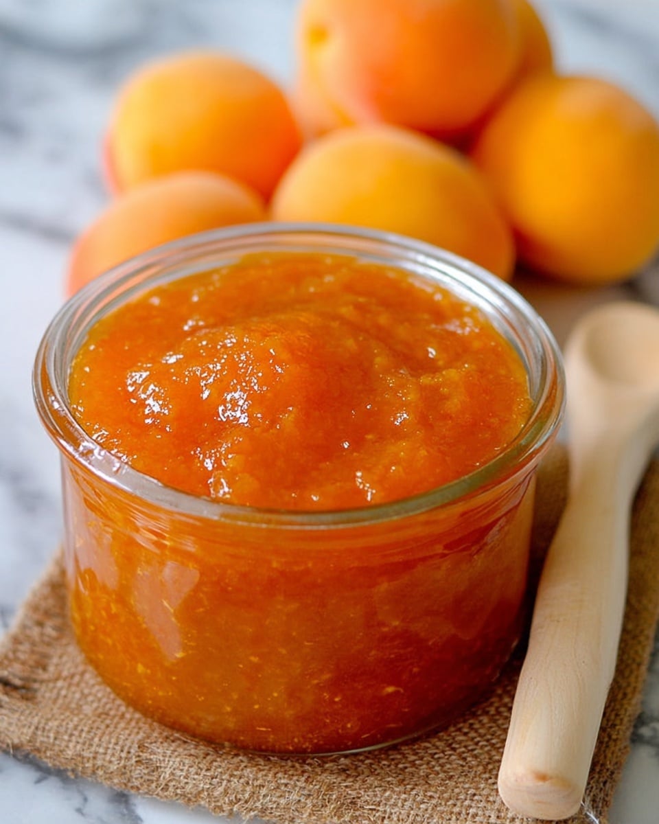 A clear glass jar filled with bright orange apricot jam that has a smooth but slightly chunky texture. The jar is placed on a piece of coarse brown burlap on a white marbled surface. Behind the jar are several whole, fresh apricots with a soft orange color, slightly blurred. To the right of the jar lies a light wooden kitchen tool. The scene shows a close up of the jar’s open top, highlighting the glossy shine and texture of the jam inside. Photo taken with an iphone --ar 4:5 --v 7
