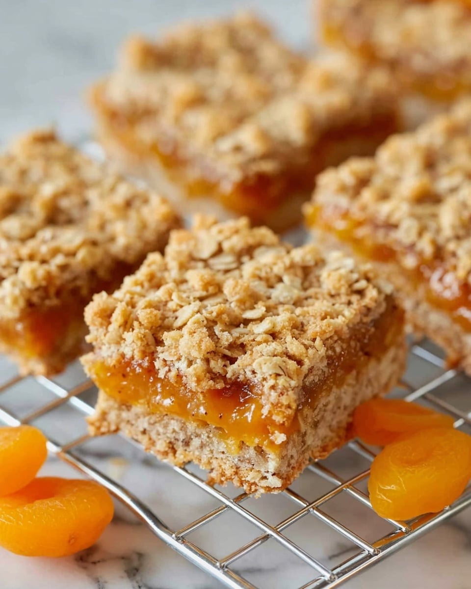 The image shows several rectangular oat bars arranged on a metal cooling rack over a white marbled surface. Each bar has two layers: a bottom layer of pale, lightly browned oat crust and a middle layer of bright orange apricot filling that adds a smooth texture and vibrant color. The top layer is a crumbly oat topping, golden-brown with a rough, uneven texture. Scattered around the bars are a few whole dried apricot pieces, bright orange and shiny, contrasting with the matte oat bars. Photo taken with an iphone --ar 4:5 --v 7