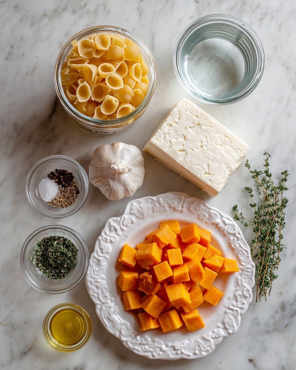 The image shows various cooking ingredients arranged neatly on a white marbled surface. There is a clear glass jar filled with uncooked yellow pasta shells in the top left and another clear jar filled with water to its right. Below these jars, a white plate with a decorative edge holds a large block of white cheese. Next to it, there is a whole garlic bulb with one peeled clove nearby. Below, a white plate with the same pattern holds many bright orange cubed vegetables. Around the garlic and plates, there are small glass bowls containing green herbs, black pepper, and salt, alongside a small glass bowl filled with golden olive oil. A small thyme sprig is placed near the bottom right. The photo taken with an iphone --ar 4:5 --v 7