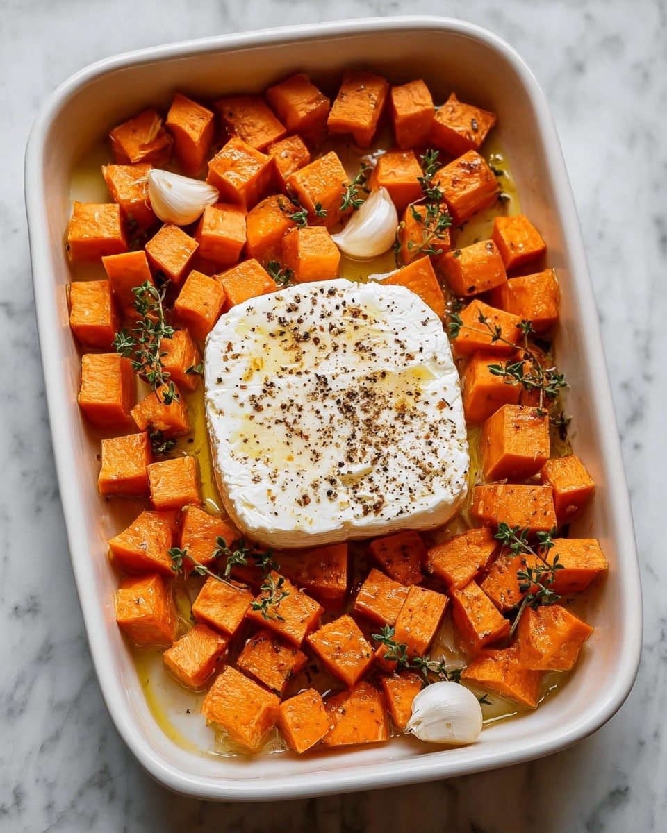 A white baking dish holds a single large white block of soft cheese in the center, sprinkled with black pepper. Around the cheese are many orange cubed pieces of sweet potato, arranged evenly and standing upright. Near the cheese, there are two whole garlic cloves and small sprigs of fresh green thyme. The dish is on a white marbled surface and light shines softly from above, showing a clean, fresh look. photo taken with an iphone --ar 4:5 --v 7