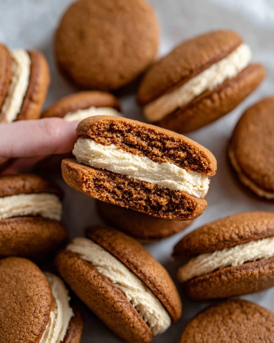 The image shows several sandwich cookies arranged closely together with a white marbled surface in the background. Each cookie has two round, brown, soft-looking layers with a creamy light brown filling sandwiched in the middle. One cookie is held up in the center by a woman's hand, showing the inside texture of the cookie layers which appear slightly crumbly and moist. The cream filling is thick and textured, looking smooth but firm. The overall color palette is warm with shades of brown and cream. photo taken with an iphone --ar 4:5 --v 7