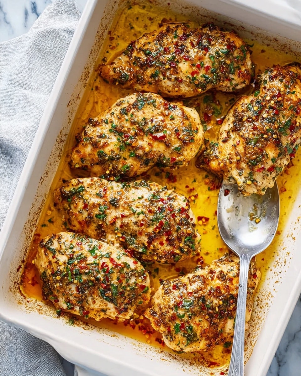 A white baking dish holds five cooked chicken pieces arranged in two rows, with the left row having two and the right row having three. The chicken pieces are golden brown with a mix of green herbs and small red spice flakes on top, giving a textured and seasoned look. The dish has a shallow pool of orange and yellow oil around the chicken, showing a bit of crispiness from cooking. A silver serving spoon is placed near the top right chicken piece, resting inside the dish. The background is a white marbled surface, and a light-colored cloth is partially visible on the bottom left side. Photo taken with an iphone --ar 4:5 --v 7