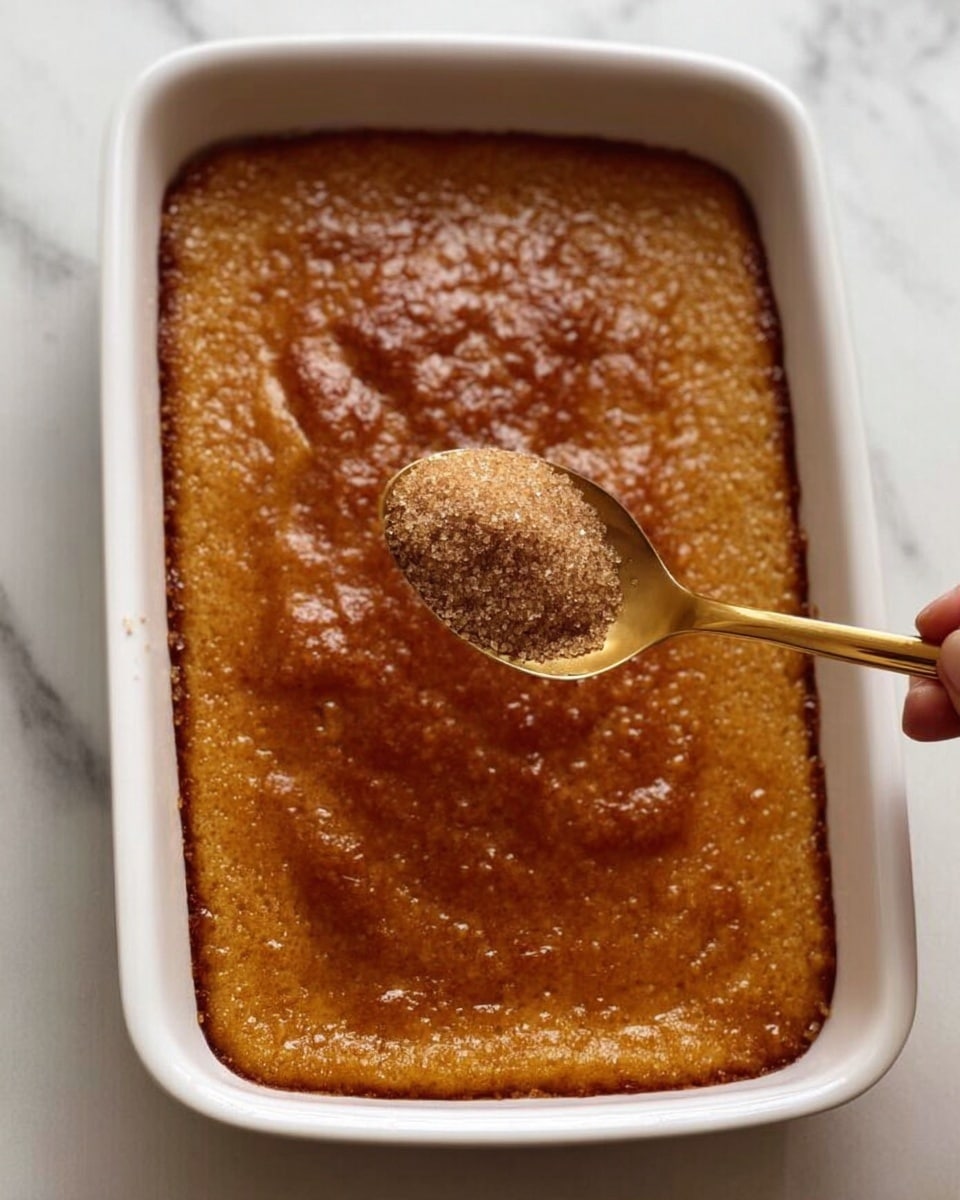 A white rectangular dish filled with a thick, smooth, golden-brown baked dessert with a slightly uneven surface texture. Above the dish, a woman's hand holds a golden spoon filled with light brown sugar crystals, ready to sprinkle on top. The dish is placed on a white marbled surface. photo taken with an iphone --ar 4:5 --v 7