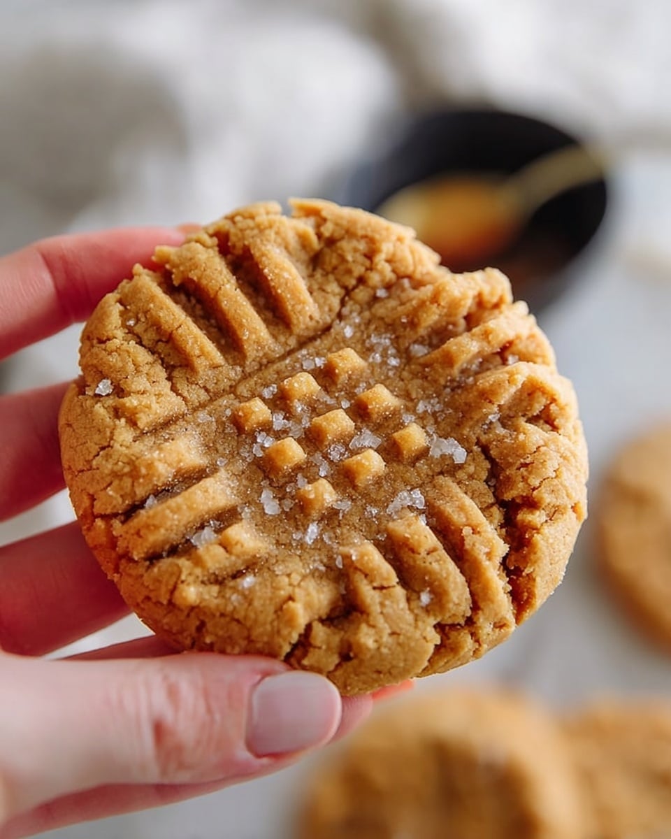 A close-up image of a single round peanut butter cookie held by a woman's hand, showing a cracked and textured golden brown surface with a crisscross fork pattern on top. The cookie has a slightly crumbly look with some coarse sugar crystals scattered across it. The background features a blurred white marbled surface with a blurred dark bowl and a spoon in soft focus behind the cookie, creating a warm and inviting feel. Photo taken with an iphone --ar 4:5 --v 7