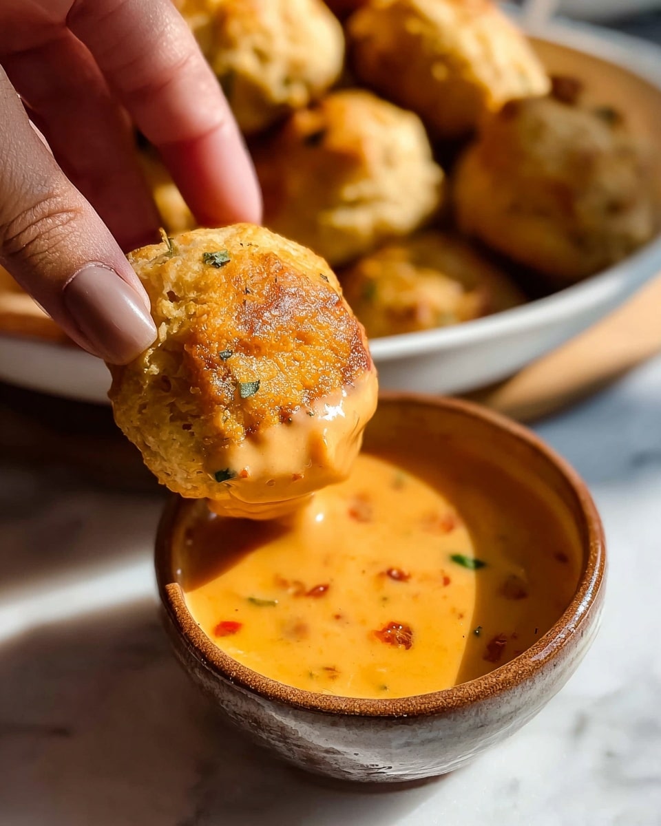 A close-up of a round, golden-brown biscuit being held by a woman's hand, half dipped into a creamy, thick, orange-colored sauce with visible small red specks, in a small clay bowl. In the background, blurred, is a large white bowl filled with more of the same biscuits, resting on a white marbled surface. The biscuit has a rough, slightly crumbly texture with some green herbs visible in it. The sunlight highlights the biscuit and sauce, casting soft shadows. photo taken with an iphone --ar 4:5 --v 7