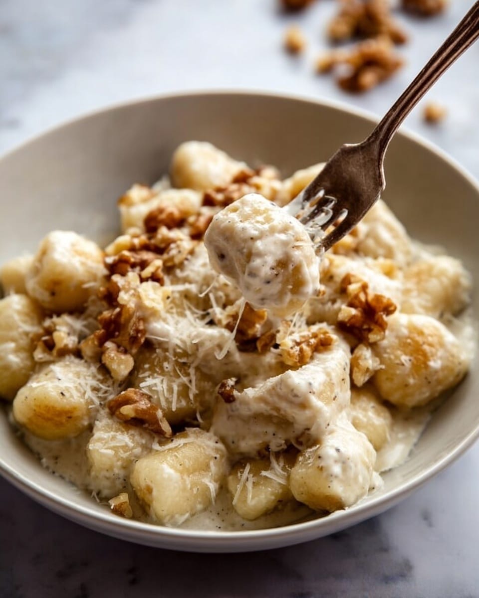 The image shows a bowl of gnocchi covered in a creamy white sauce with small pieces of walnuts scattered on top. The gnocchi pieces are soft and porous, coated evenly with the sauce that has a smooth, slightly glossy texture. The walnuts add a contrasting rough texture and light brown color on top. A fork is lifting a few gnocchi pieces from the bowl, showing the creamy sauce clinging to them. The bowl is white and sits on a white marbled surface, giving a clean and bright background. Photo taken with an iphone --ar 4:5 --v 7