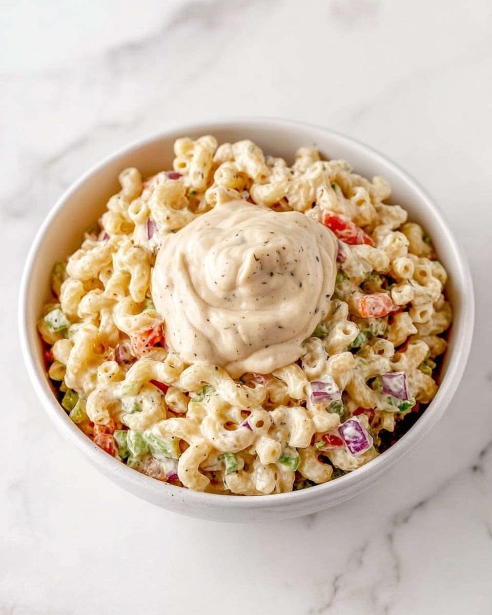 A white bowl filled with creamy macaroni salad consisting of three layers: the bottom layer is elbow macaroni mixed with finely chopped green celery, purple onion, and red bell pepper, all coated in a light dressing; the middle layer shows the dense pasta and vegetables clearly mixed together; the top layer is a smooth dollop of thick, pale beige sauce sitting in the center, slightly swirled on top. The bowl is placed on a white marbled surface. photo taken with an iphone --ar 4:5 --v 7