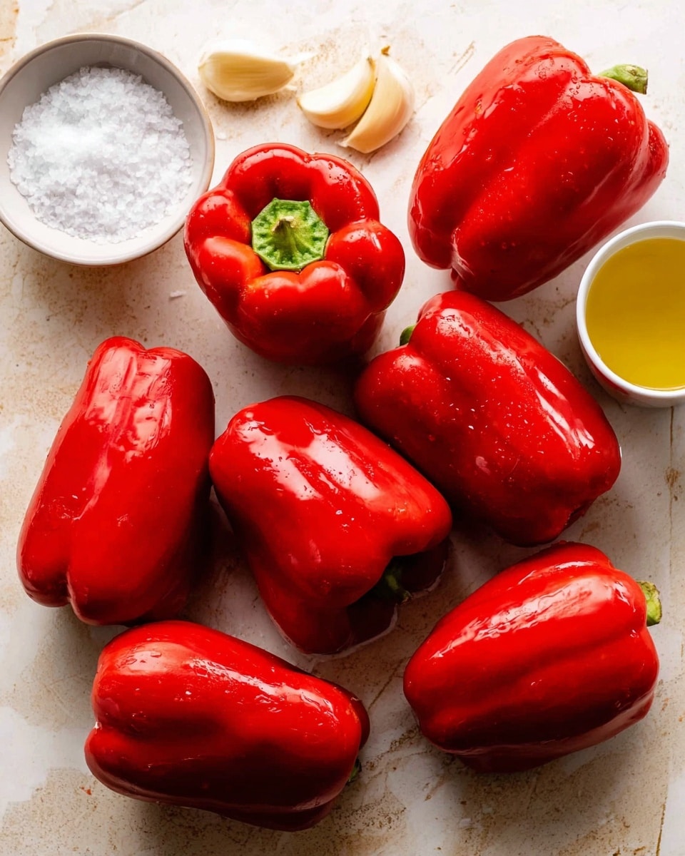 The image shows seven shiny, fresh red bell peppers arranged randomly on a white marbled surface. Around them are a small white bowl filled with coarse white salt on the top left, two peeled garlic cloves nearby, and a white cup with golden olive oil on the right side. The peppers are smooth and bright, with some light reflections on their skin. No other objects are visible in the scene, and the overall look is clean and natural. Photo taken with an iphone --ar 4:5 --v 7
