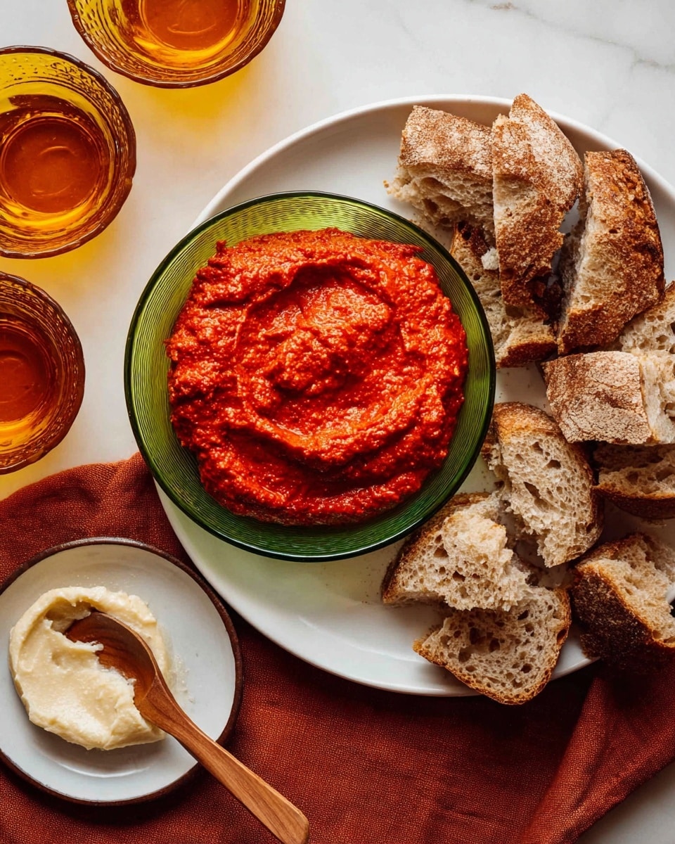 A white plate with a large pile of torn brown bread pieces on the right side, showing a rough and airy texture. Next to it on the left, there is a green-tinted glass bowl filled with a bright red, thick and slightly chunky spread or sauce, swirled on the surface. Below the bowl, there is a small white plate holding a smooth, off-white creamy spread with a wooden spoon resting on it. The whole setting is on a white marbled surface with a reddish-brown cloth partly visible under the bread plate. In the upper part of the image, two amber glass cups are partially visible. photo taken with an iphone --ar 4:5 --v 7