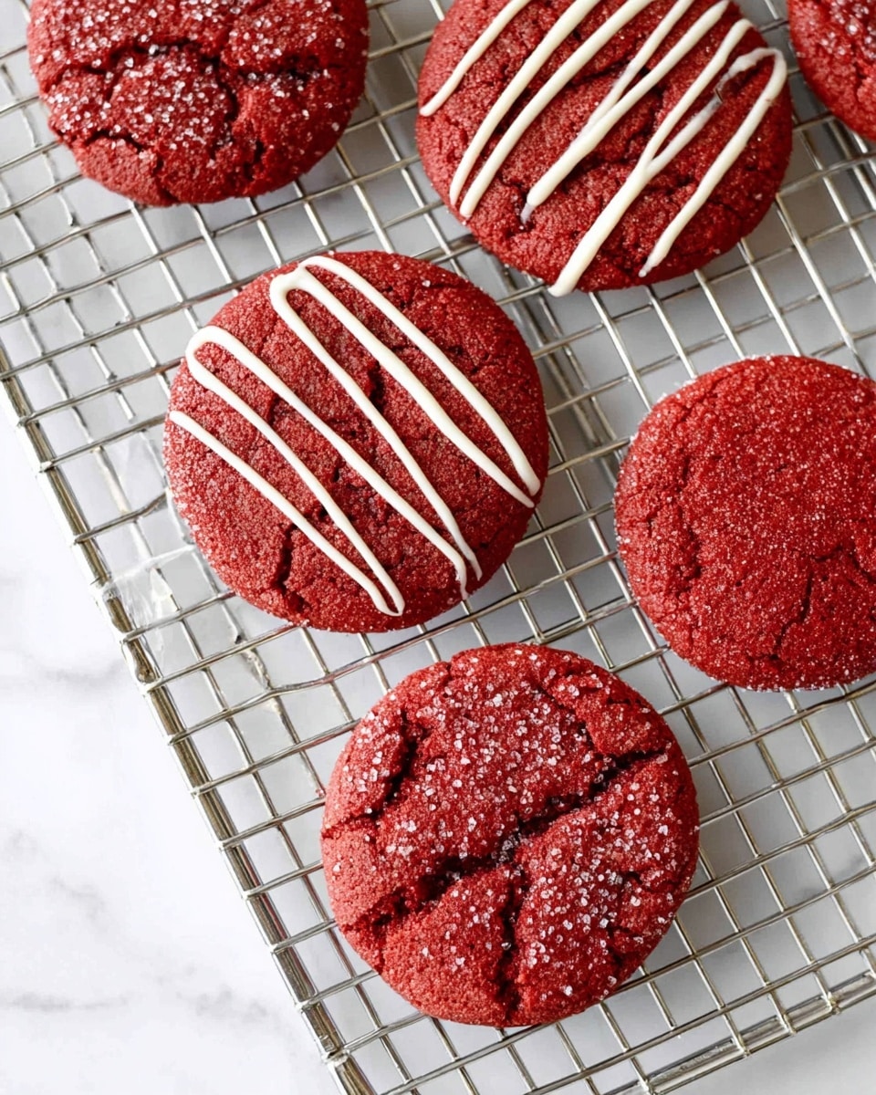 The image shows six red cookies on a metal cooling rack placed over a white marbled surface. Three cookies have a smooth texture with even edges and diagonal white icing stripes on top. The other three cookies have a rougher, sugar-coated, and crinkled texture with slightly uneven edges. The metal rack creates a grid pattern under the cookies, and the white marbled surface below is clean and bright. photo taken with an iphone --ar 4:5 --v 7