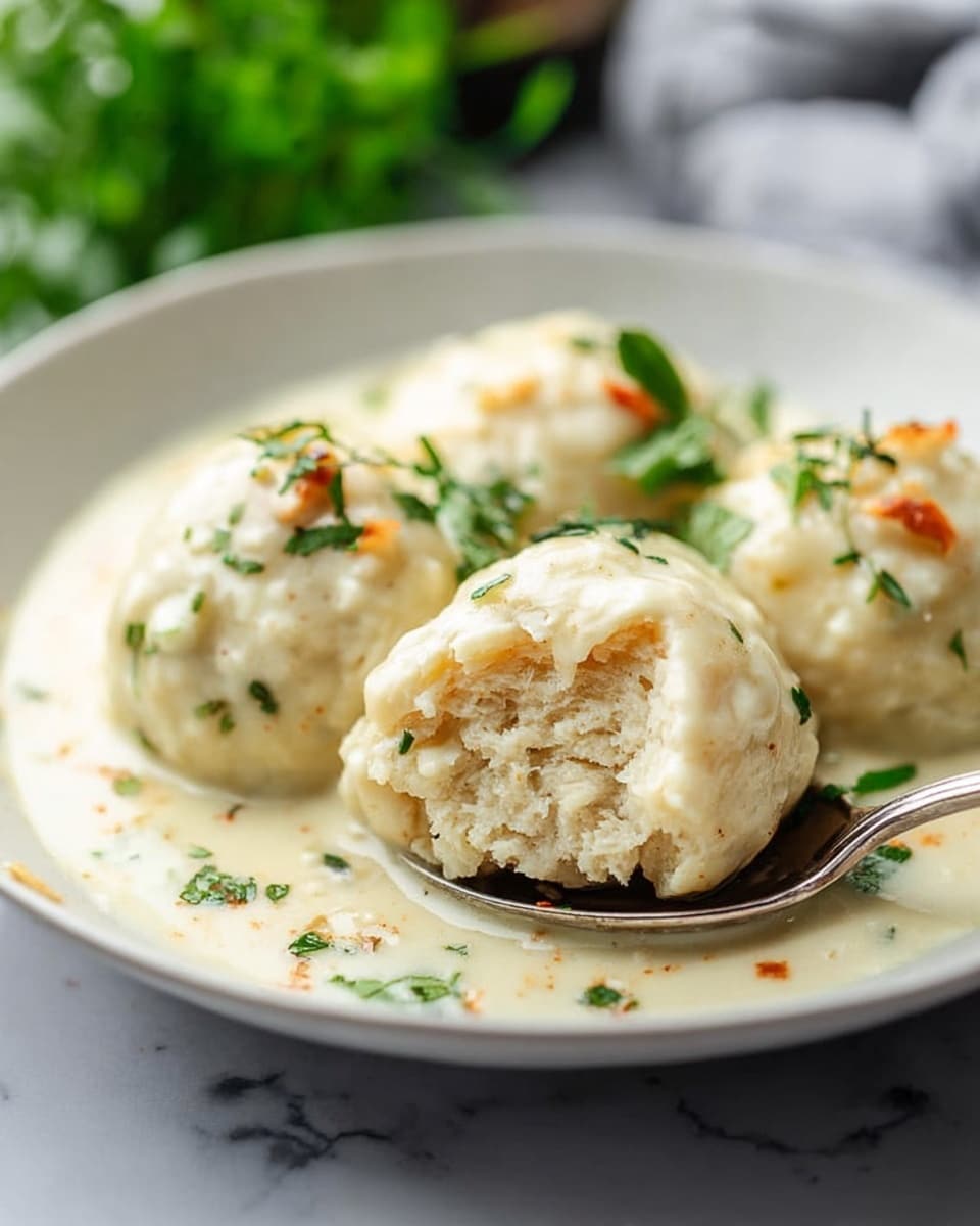 This is a close-up image of three round dumplings on a white plate with creamy white sauce. One dumpling is on a silver spoon, showing a soft, fluffy inside with a light beige color and some small specks. The sauce has bits of orange and small green herb leaves on top and around the dumplings. The plate sits on a white marbled surface and in the background, there is a blurred green plant. The overall look is creamy, soft, and fresh. photo taken with an iphone --ar 4:5 --v 7